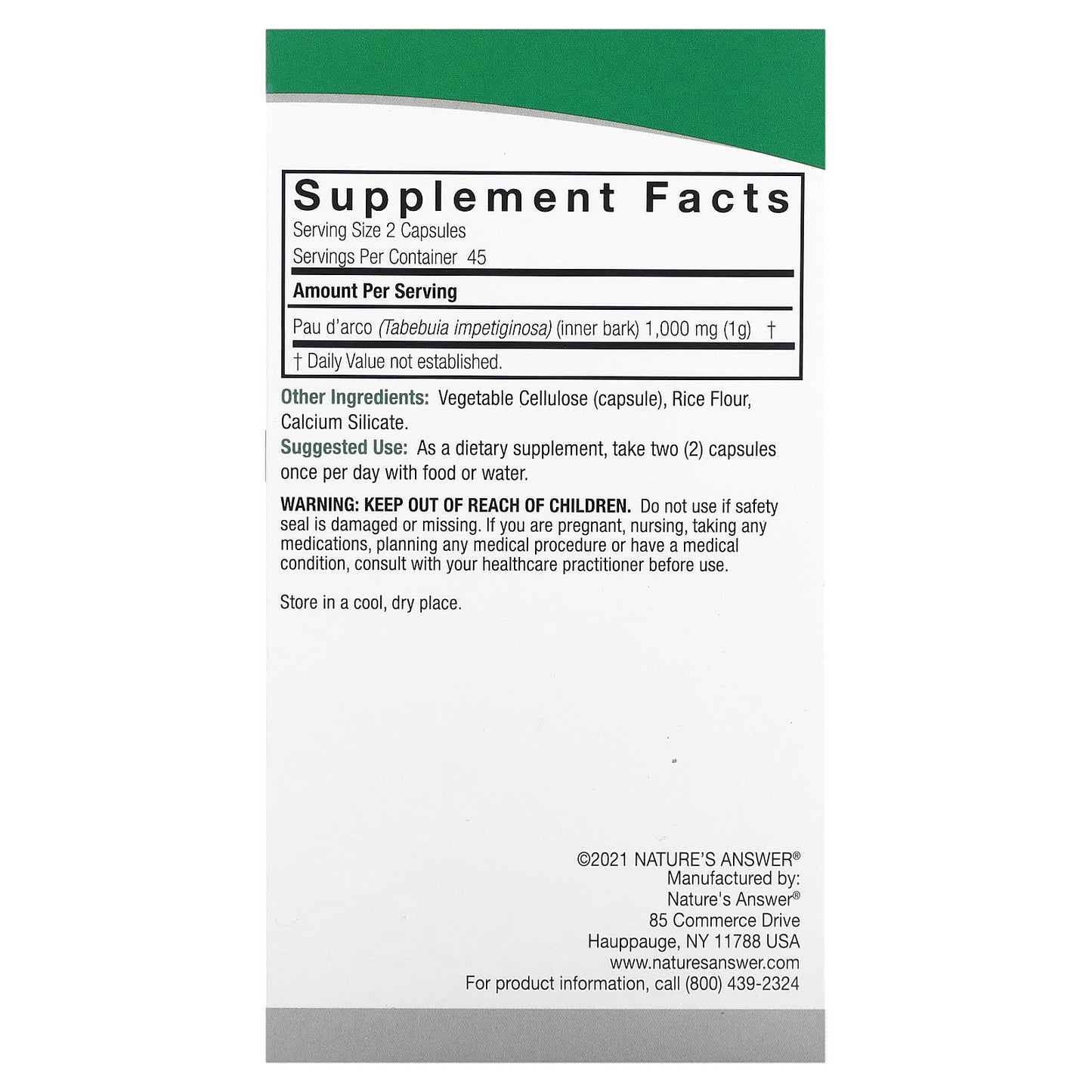 Nature’s Answer, Pau D'Arco Inner Bark, 90 Capsules UPC 083000163104 | Hilife Vitamins