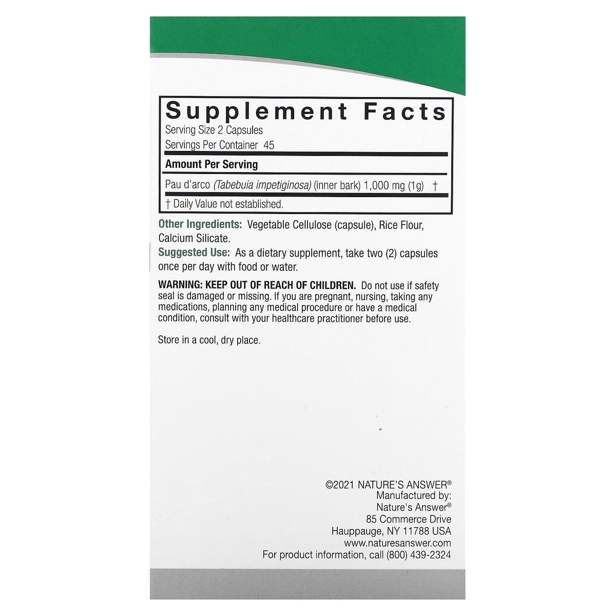 Nature’s Answer, Pau D'Arco Inner Bark, 90 Capsules UPC 083000163104 | Hilife Vitamins