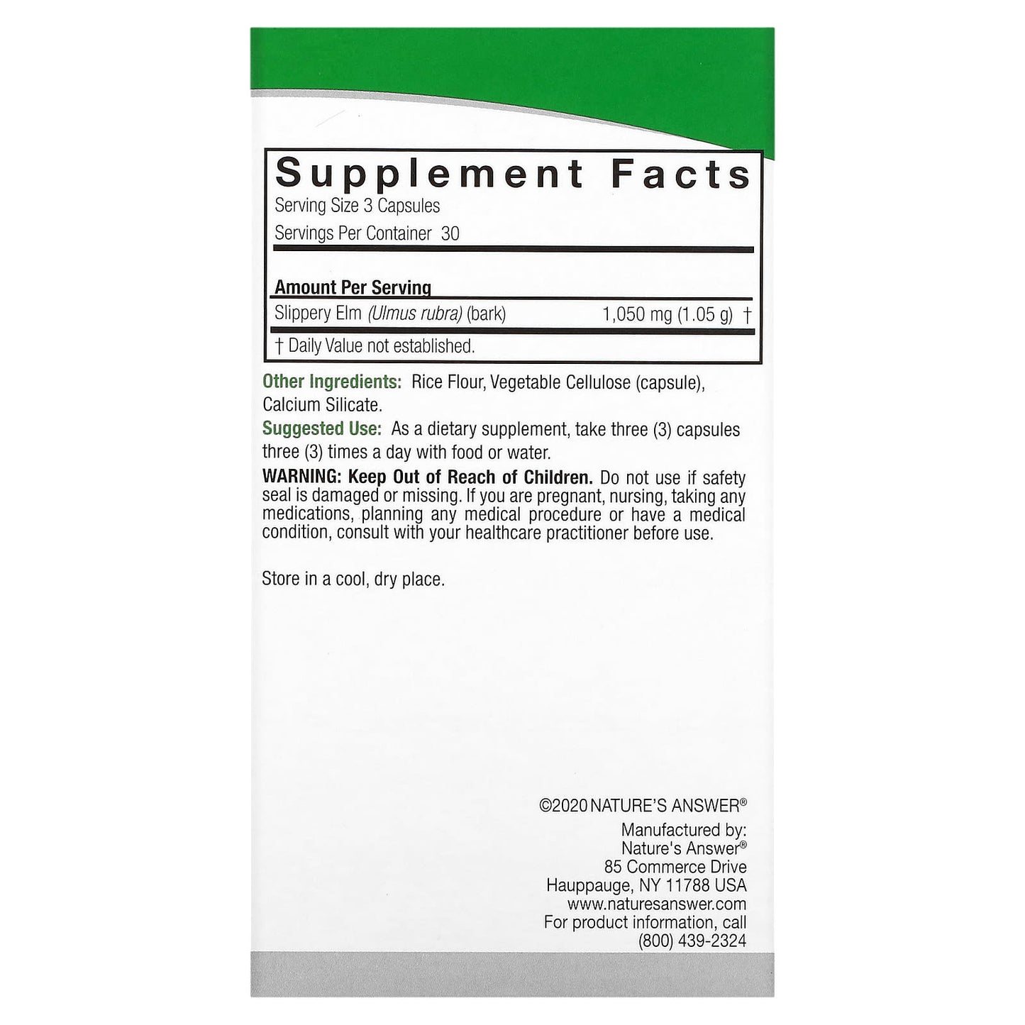 Nature’s Answer, Slippery Elm Bark, 90 Capsules UPC 083000163340 | Hilife Vitamins