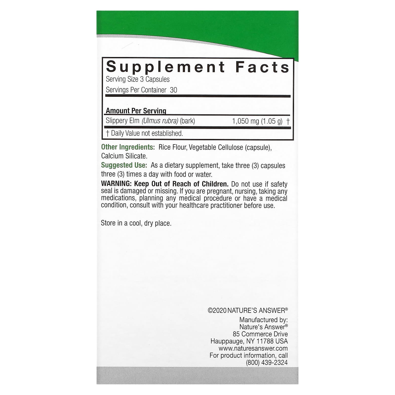 Nature’s Answer, Slippery Elm Bark, 90 Capsules UPC 083000163340 | Hilife Vitamins