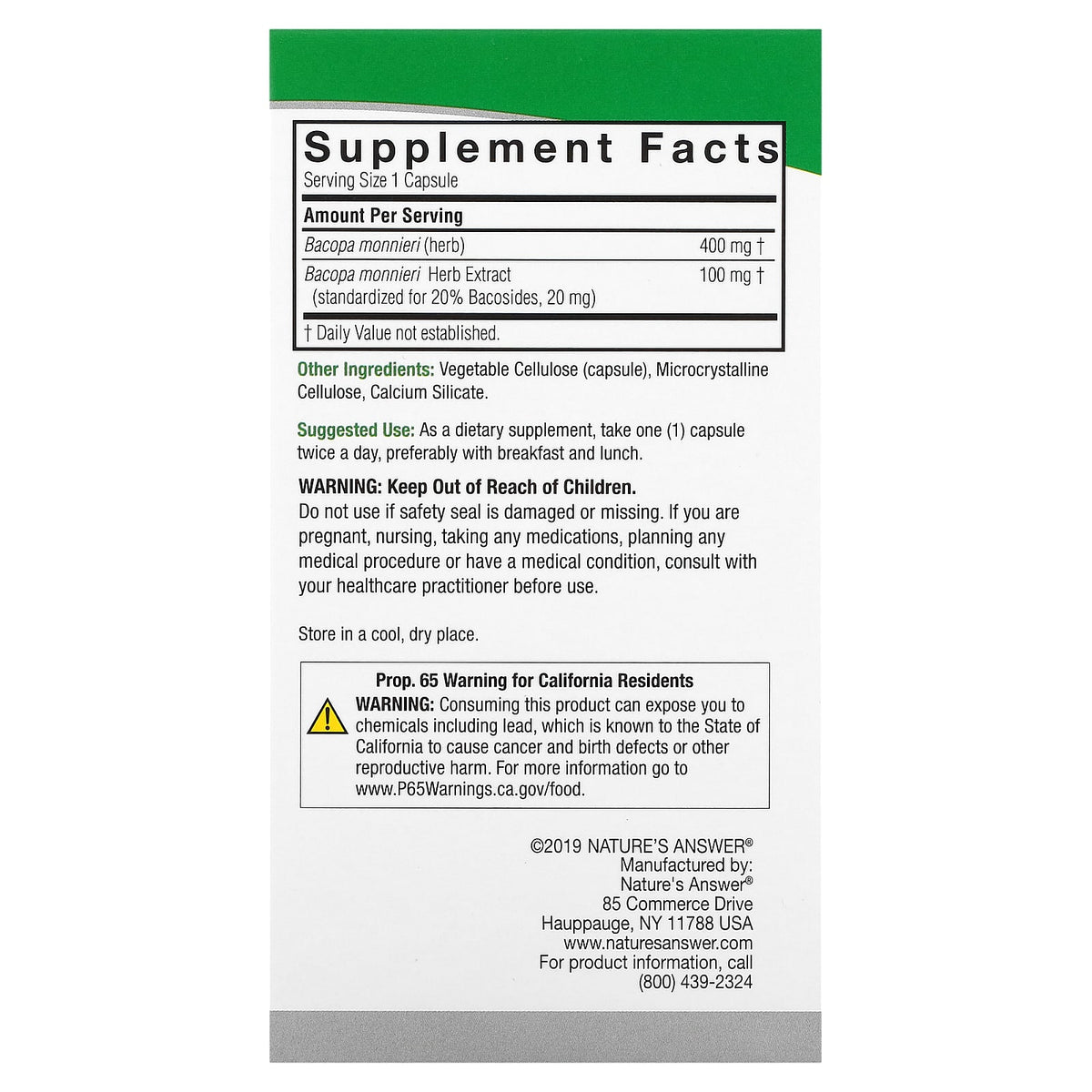 Nature’s Answer, Bacopa 500mg, 90 Capsules UPC 083000163609 | Hilife Vitamins