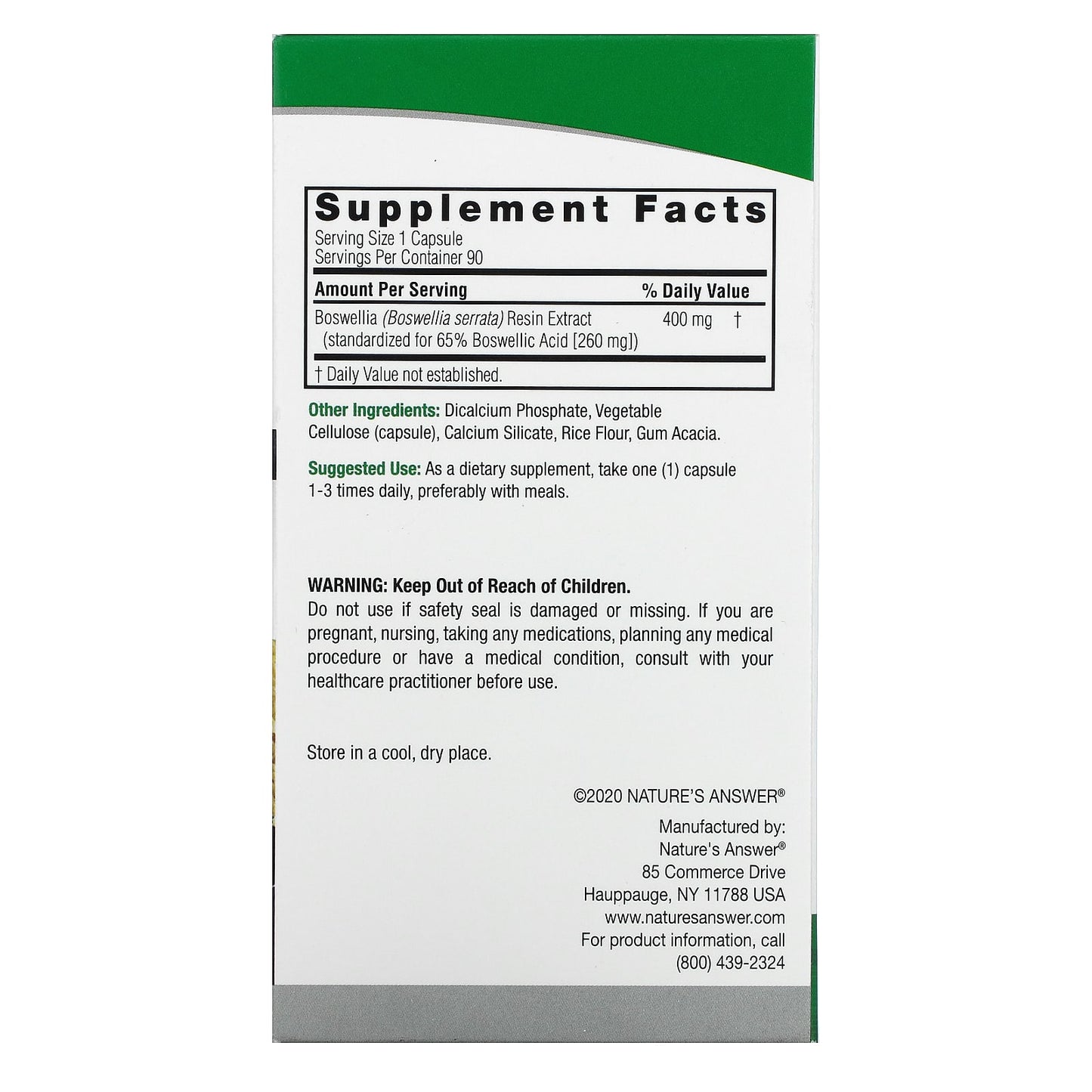 Nature’s Answer, Boswellia, 400 mg, 90 Vegetarian Capsules UPC 083000163661 | Hilife Vitamins