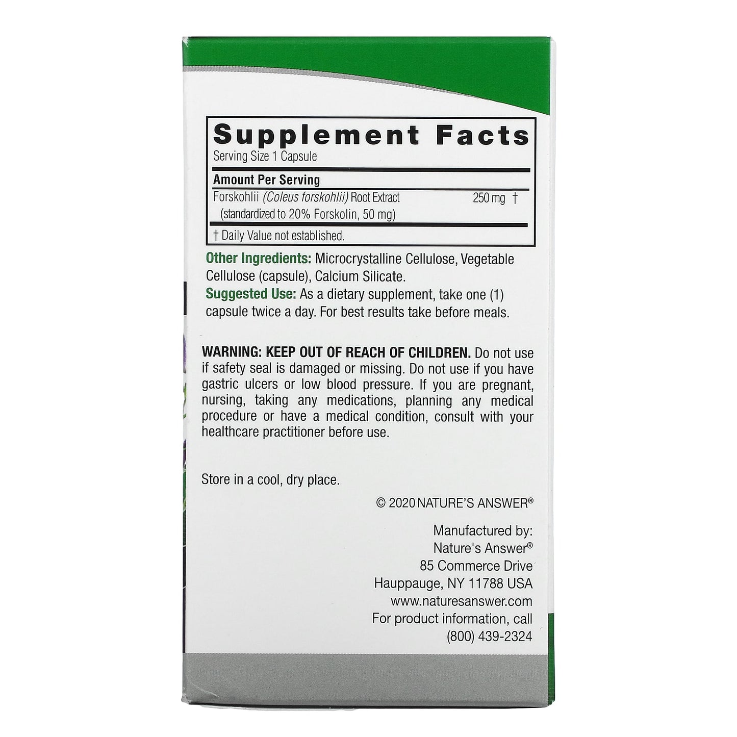 Nature's Answer, Forskohlii, 250 mg, 60 Vegetarian Capsules UPC 083000163821 | Hilife Vitamins
