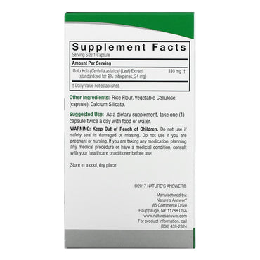 Nature’s Answer, Gotu-Kola Herb Standardized, 60 Capsules UPC 083000163937 | Hilife Vitamins