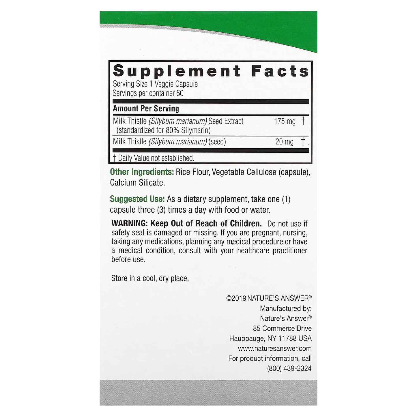 Nature’s Answer, Milk Thistle Seed Standardized, 60 Capsules UPC 083000164156 | Hilife Vitamins
