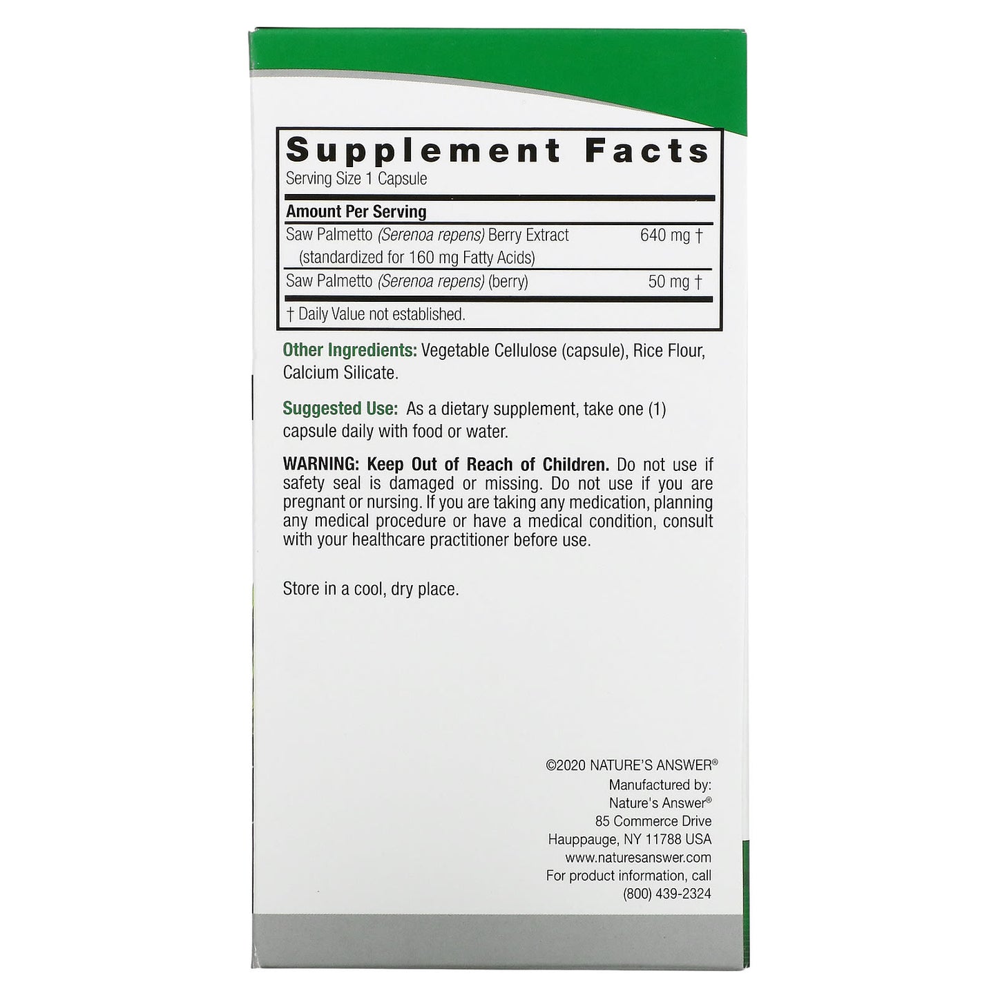 Nature’s Answer, Saw Palmetto Berry Extract, 120 Capsules UPC 083000164316 | Hilife Vitamins