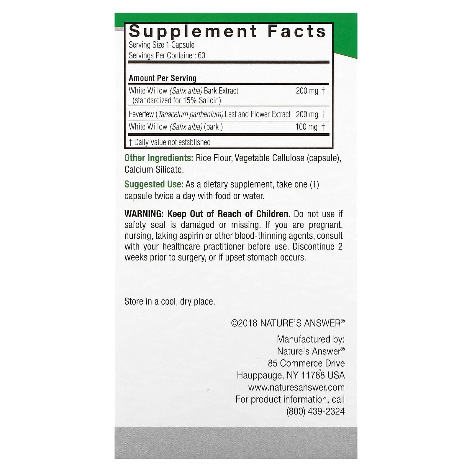 Nature’s Answer, White Willow w/Feverfew Standardized, 60 Capsules UPC 083000164453 | Hilife Vitamins