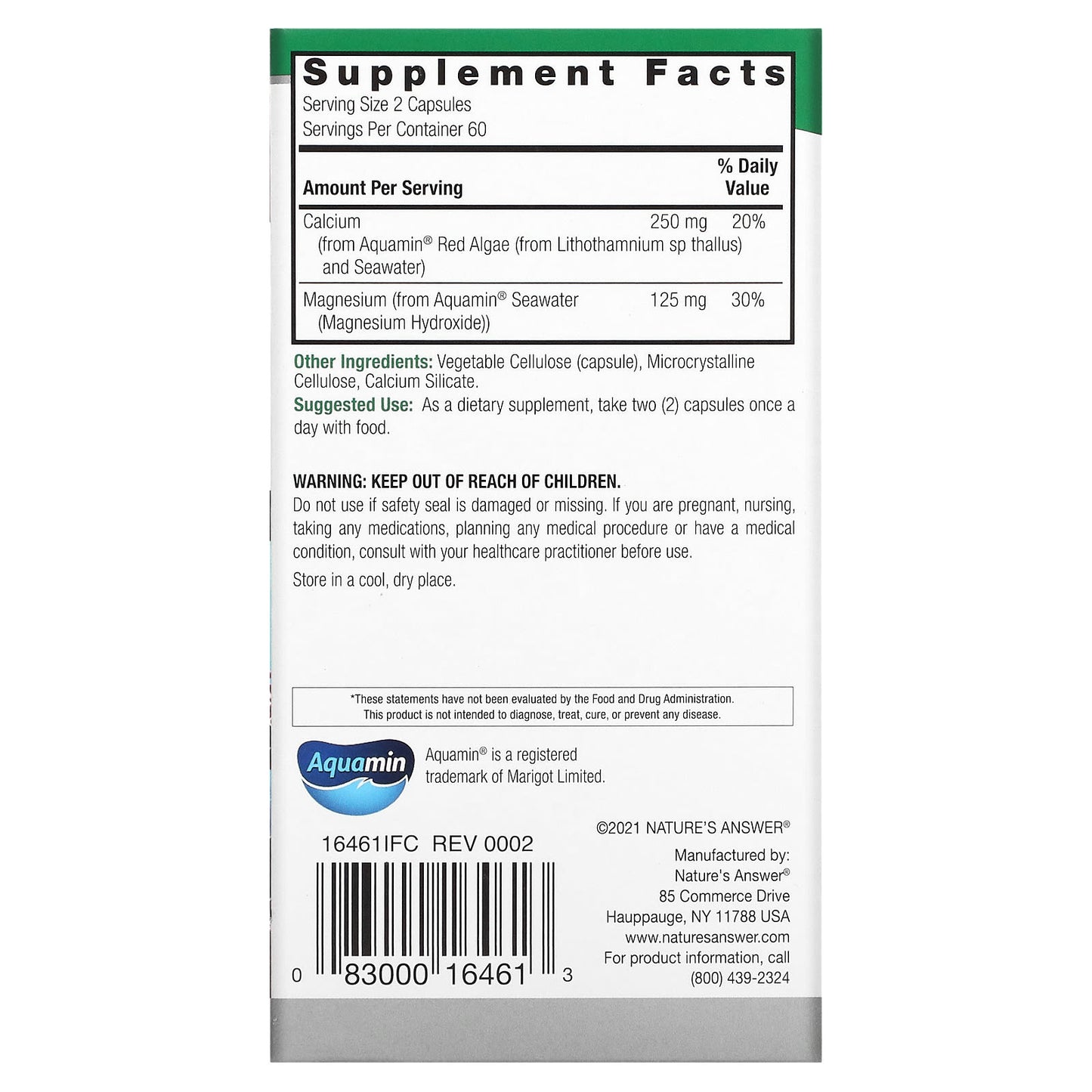 Nature's Answer, Marine Based Cal-Mag, 120 Vegetarian Capsules UPC 083000164613 | Hilife Vitamins