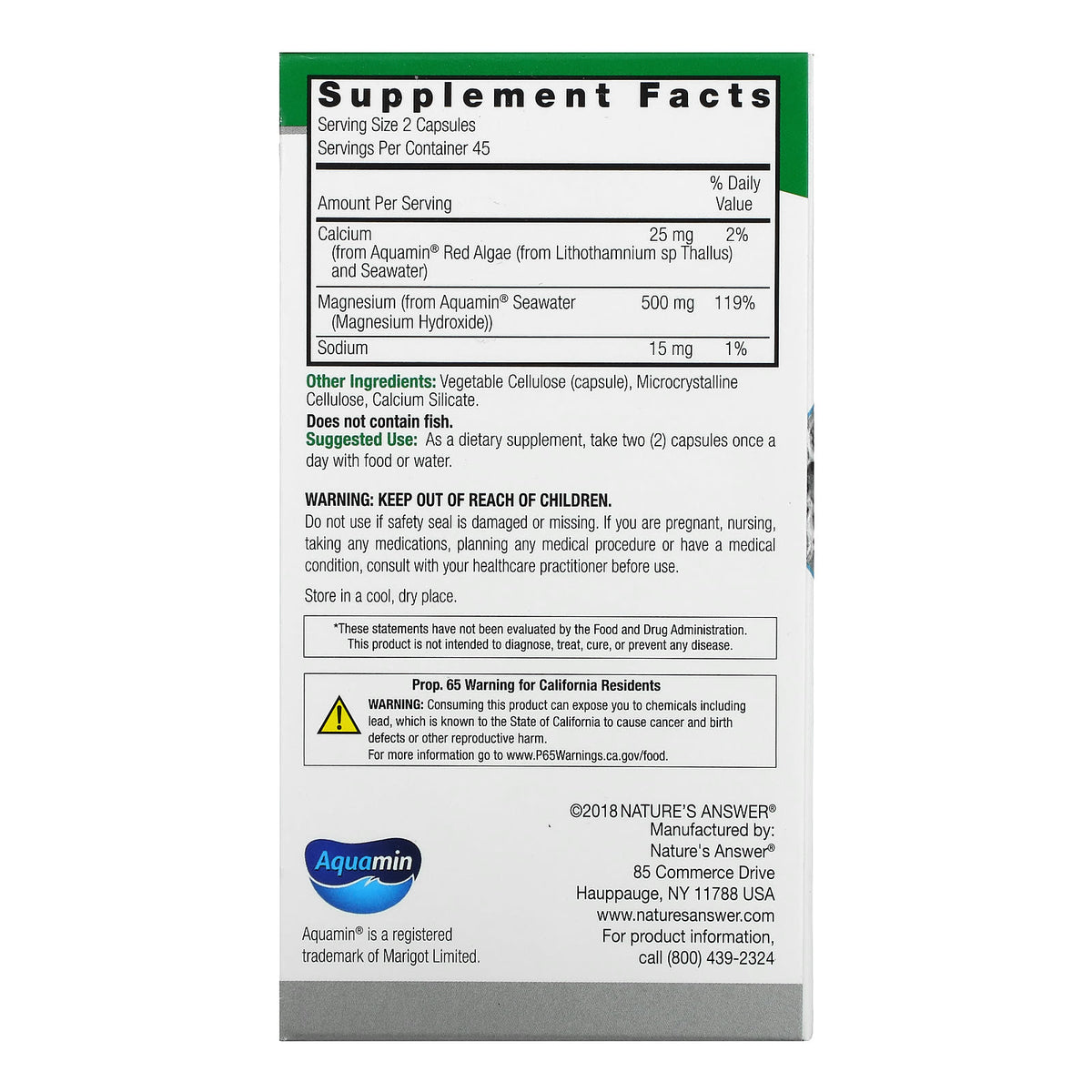 Nature’s Answer, Marine Based Magnesium, 250 mg, 90 Vegetarian Capsules UPC 083000164620 | Hilife Vitamins