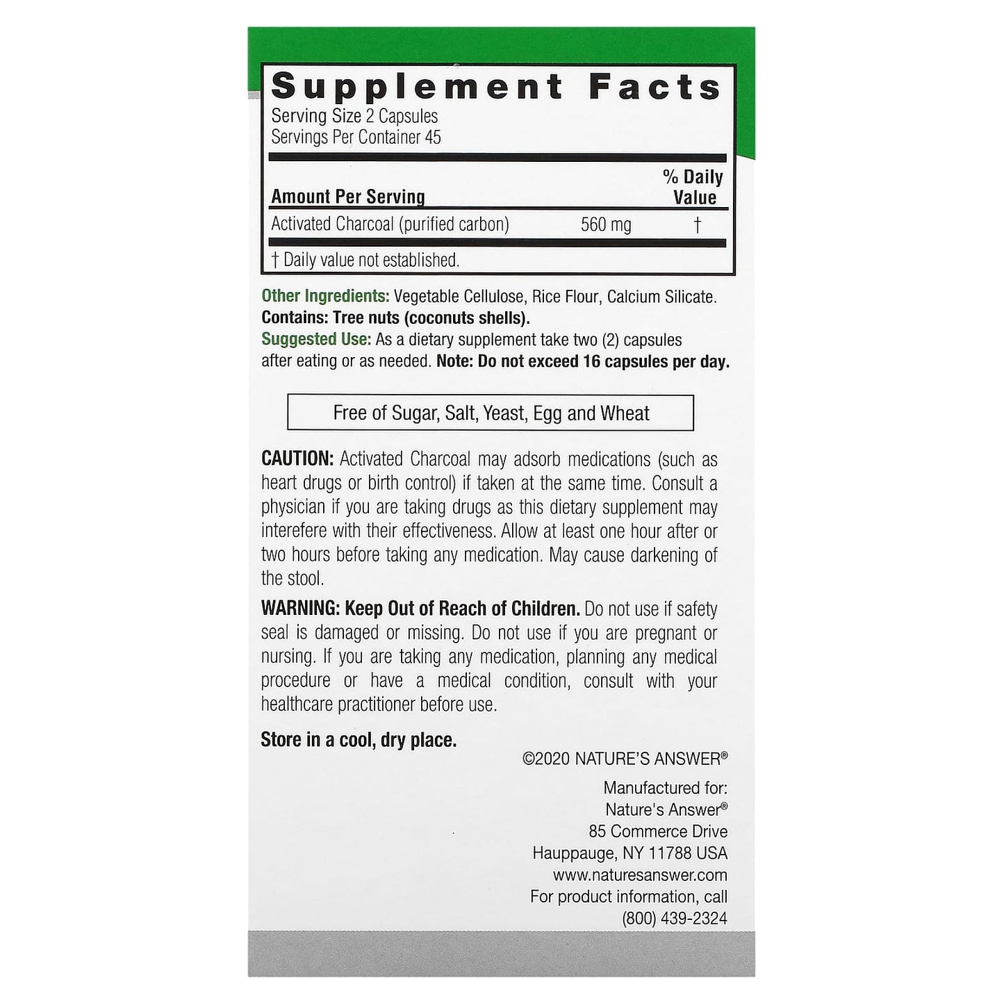 Nature’s Answer, Charcoal, 90 Capsules UPC 083000164675 | Hilife Vitamins