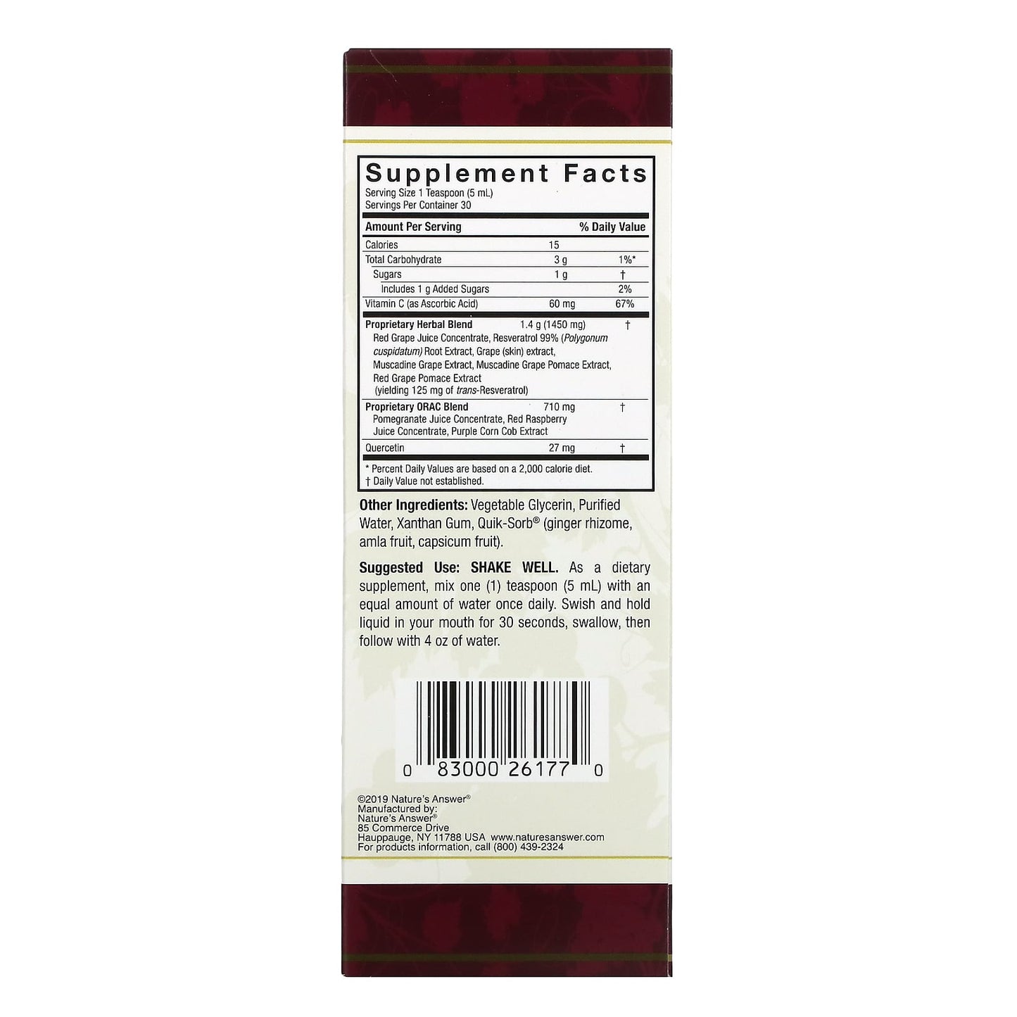 Nature’s Answer, Resveratrol Reserve, 5 Oz UPC 083000261770 | Hilife Vitamins