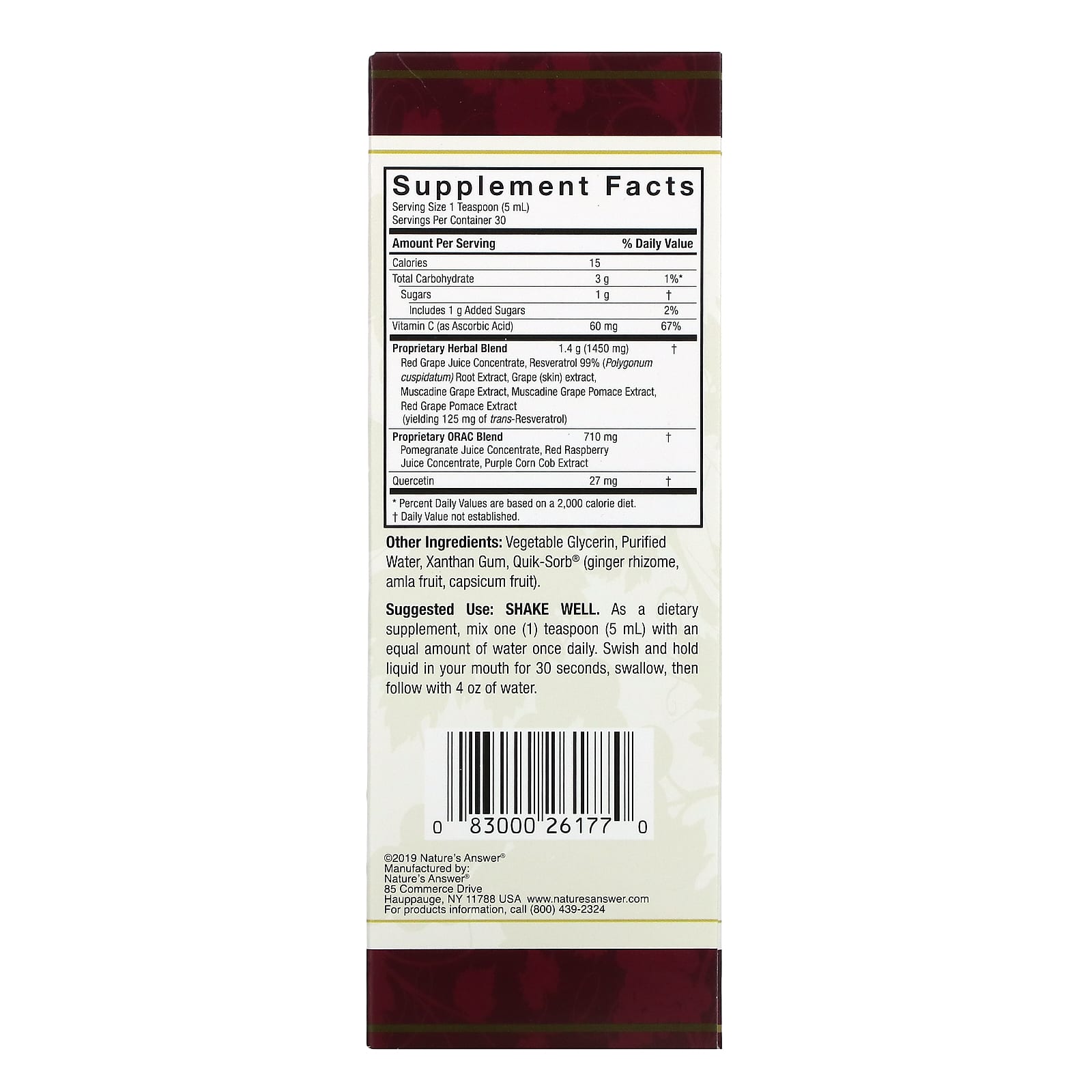 Nature’s Answer, Resveratrol Reserve, 5 Oz UPC 083000261770 | Hilife Vitamins