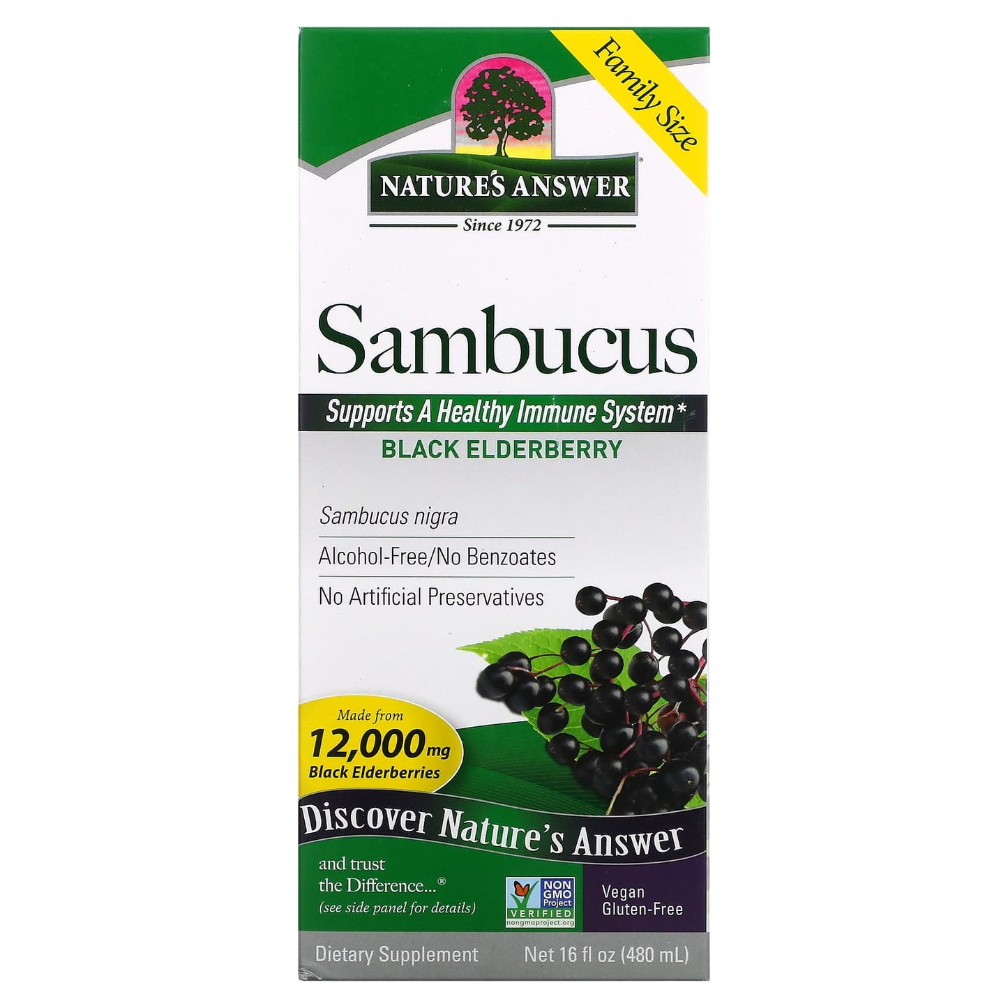 Nature's Answer, Sambucus, Black Elderberry, 12,000 mg, 16 fl oz (480 ml) UPC 083000262203 | Hilife Vitamins