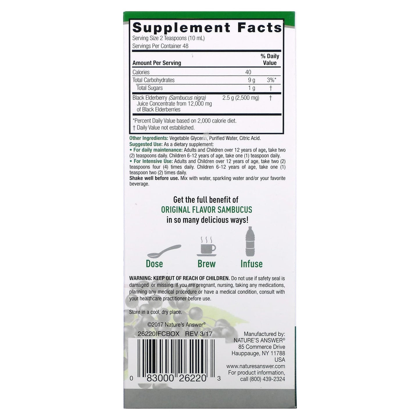 Nature's Answer, Sambucus, Black Elderberry, 12,000 mg, 16 fl oz (480 ml) UPC 083000262203 | Hilife Vitamins