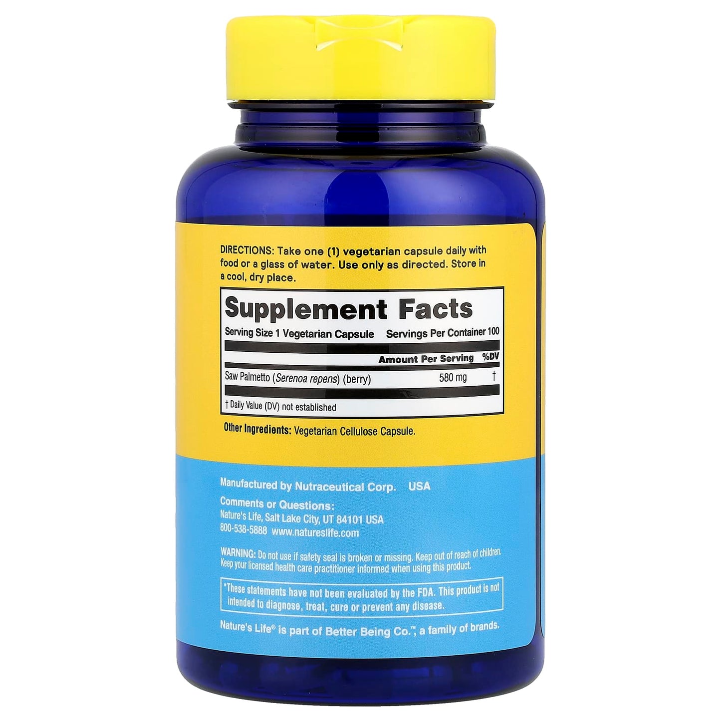 Nature’s Life, Saw Palmetto 580 mg, 100 Vegetarian Capsules UPC 040647006850 | HiLife Vitamins