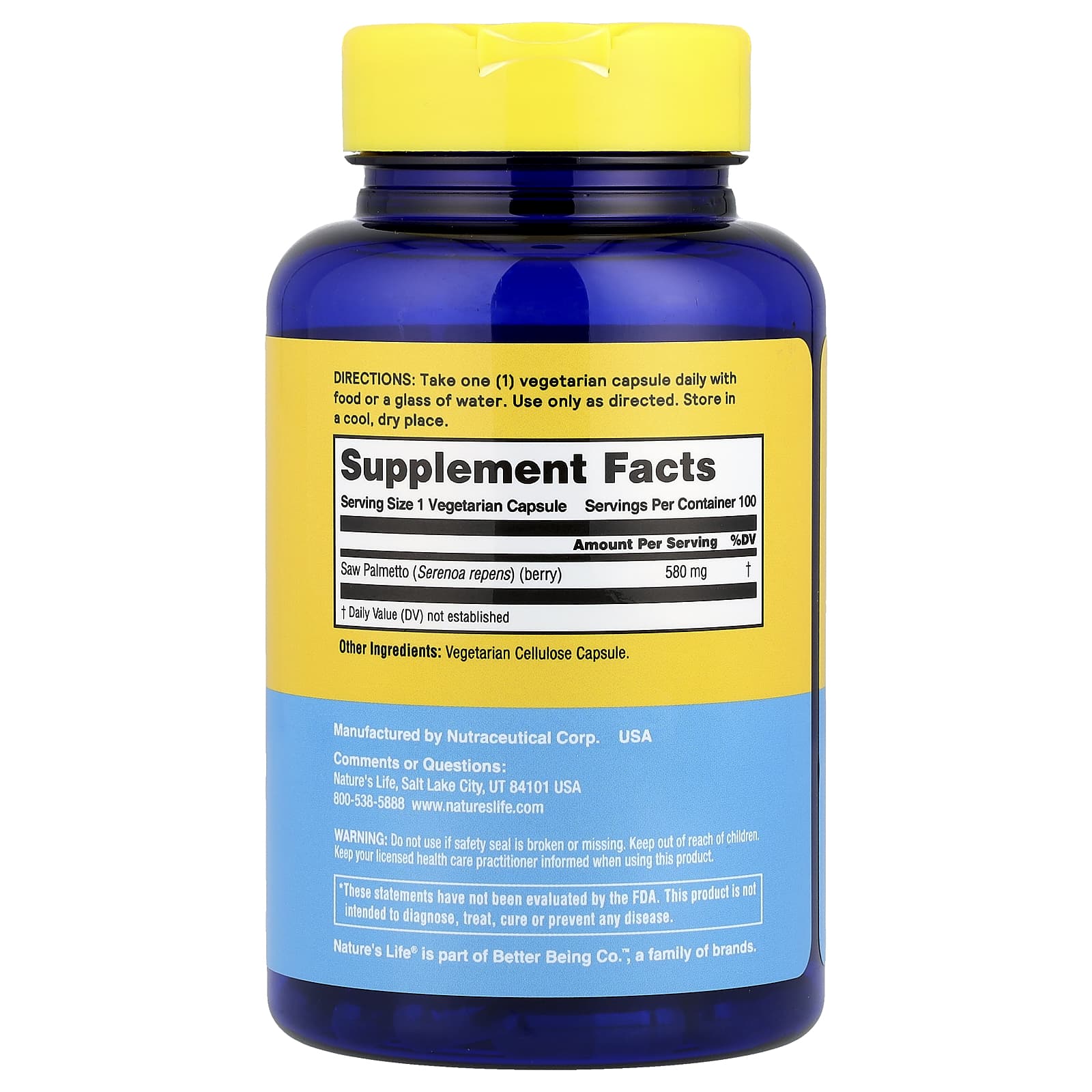 Nature’s Life, Saw Palmetto 580 mg, 100 Vegetarian Capsules UPC 040647006850 | HiLife Vitamins