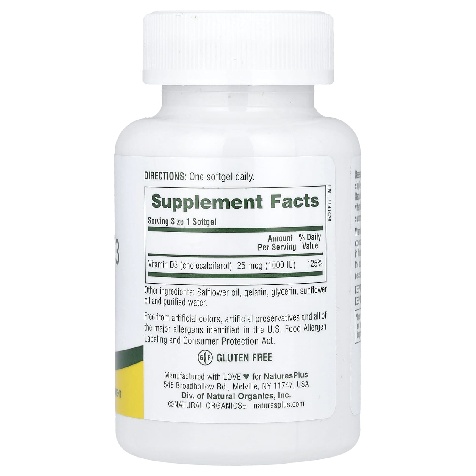 Nature's Plus, Vitamin D3, 25 mcg (1,000 IU), 180 Softgels UPC 097467010420 | Hilife Vitamins