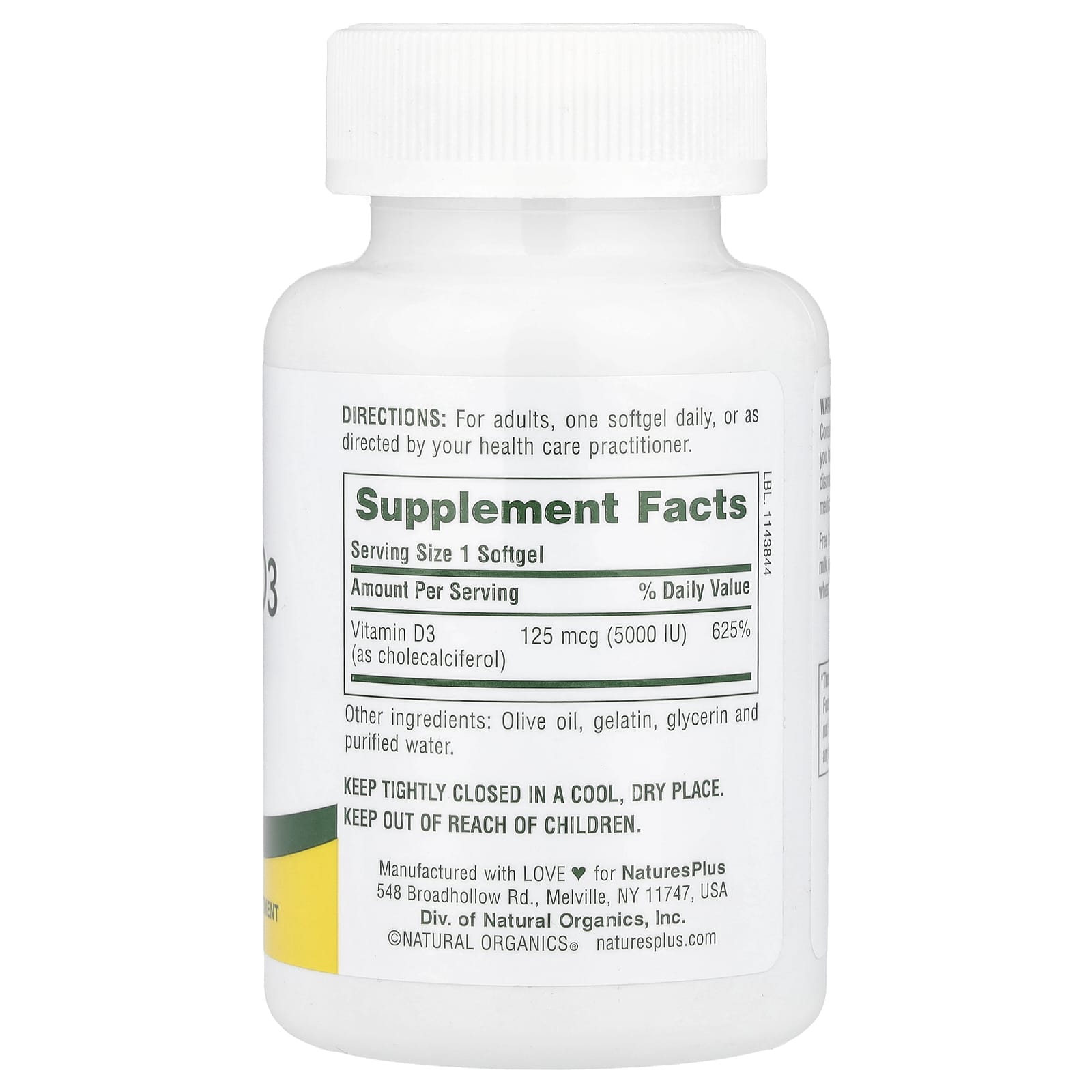 Nature’s Plus, Vitamin D3, 125 mcg (5,000 IU), 60 Softgels UPC 097467010475 | HiLife Vitamins
