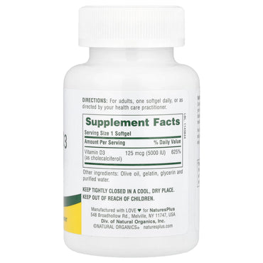 Nature’s Plus, Vitamin D3, 125 mcg (5,000 IU), 60 Softgels UPC 097467010475 | HiLife Vitamins