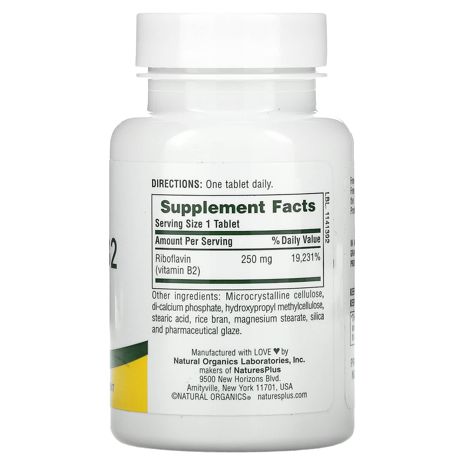 Nature's Plus, Vitamin B2, 250 mg, 60 Tablets UPC 097467016354 | Hilife Vitamins
