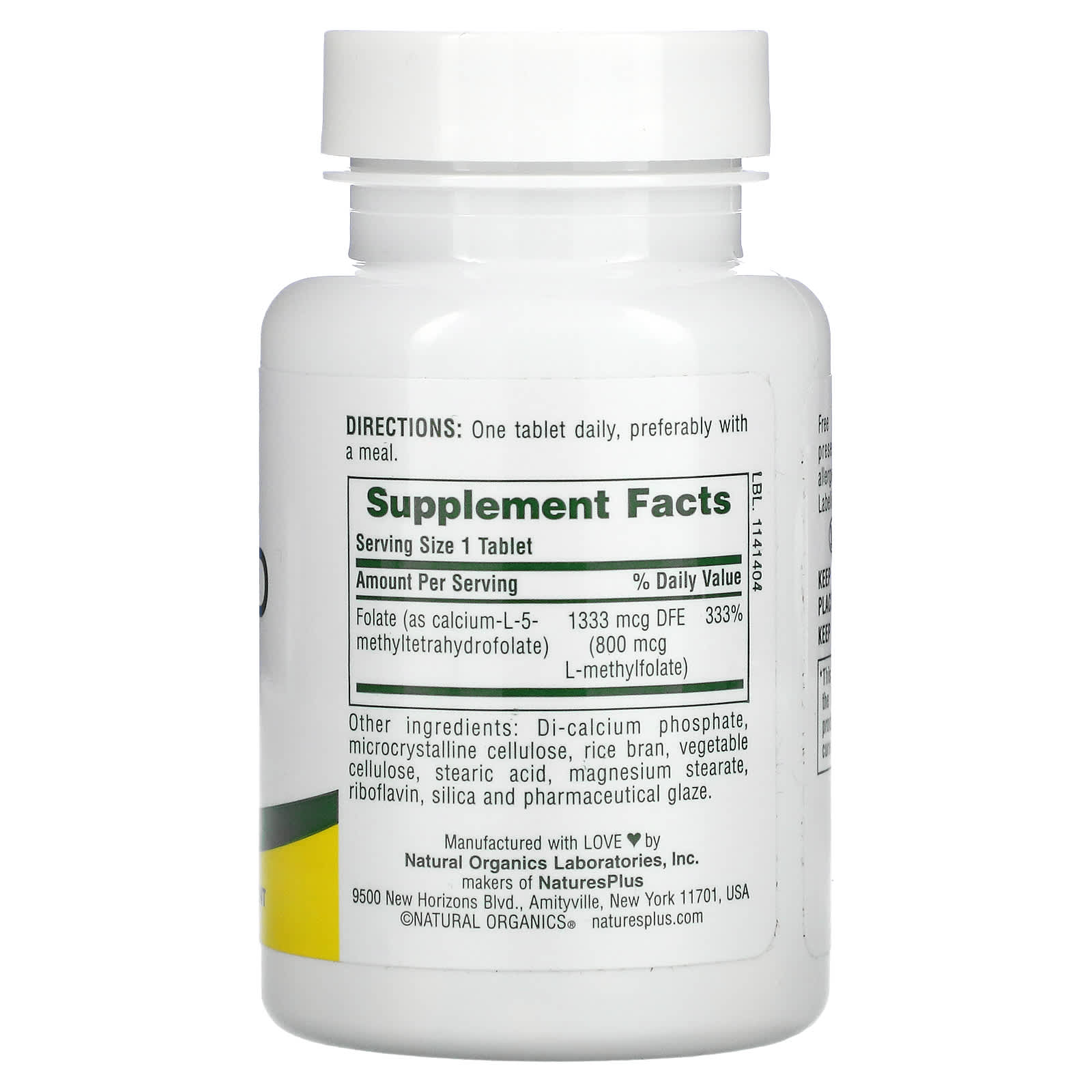 Nature's Plus, Folic Acid as Methylfolate , 800 mcg, 90 Tablets UPC 097467017900 | Hilife Vitamins