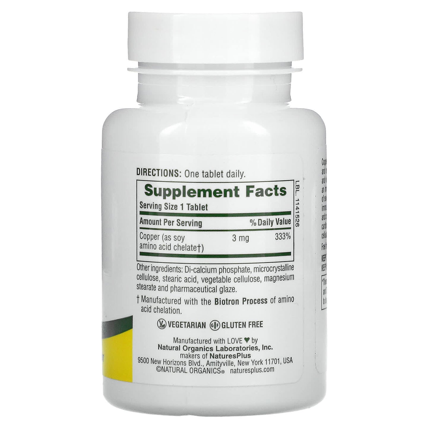 Nature's Plus, Copper, 3 mg, 90 Tablets UPC 097467034303 | Hilife Vitamins