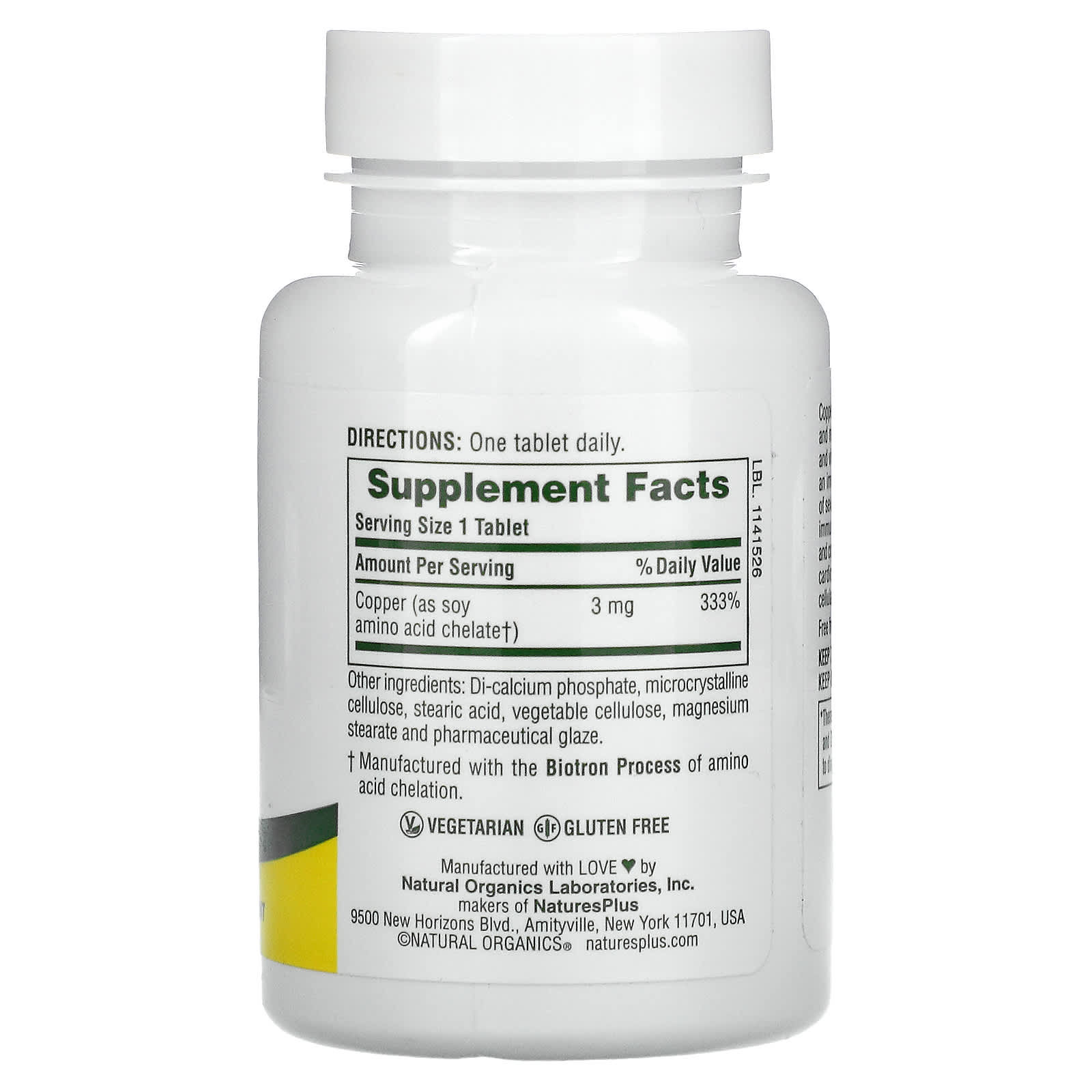 Nature's Plus, Copper, 3 mg, 90 Tablets UPC 097467034303 | Hilife Vitamins