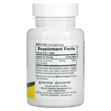 Nature's Plus, Zinc, 50 mg, 90 Tablets UPC 097467036451 | Hilife Vitamins