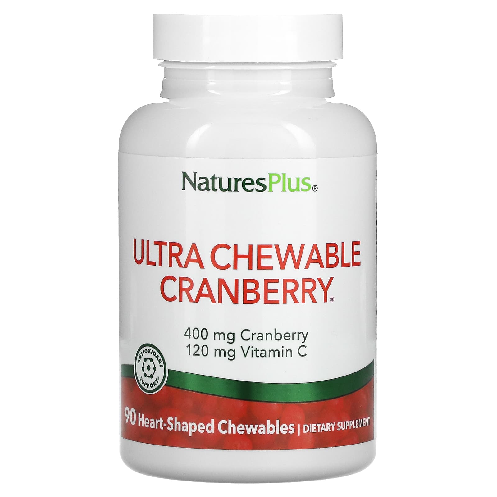 Nature's Plus, Ultra Chewable Cranberry, 90 Heart-Shaped Chewables UPC 097467039568 | Hilife Vitamins