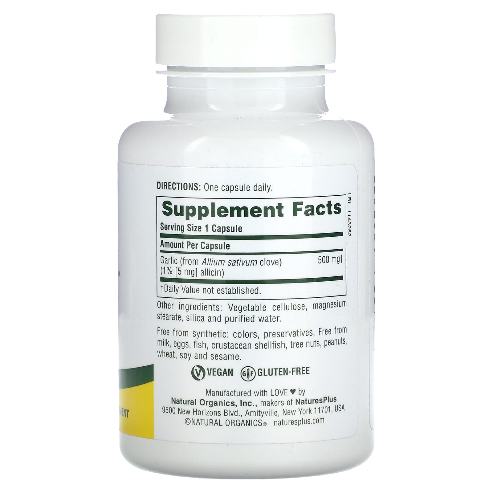 Nature's Plus, Garlite, 90 Vegetarian Capsules UPC 097467039629 | Hilife Vitamins
