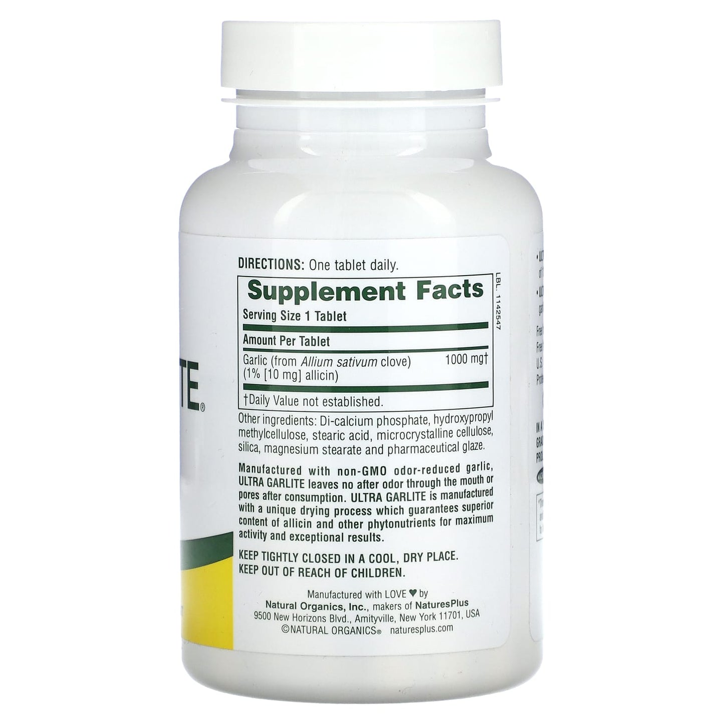 Nature's Plus, Sustained Release, Ultra Garlite, 1000 mg, 90 Tablets UPC 097467039643 | Hilife Vitamins