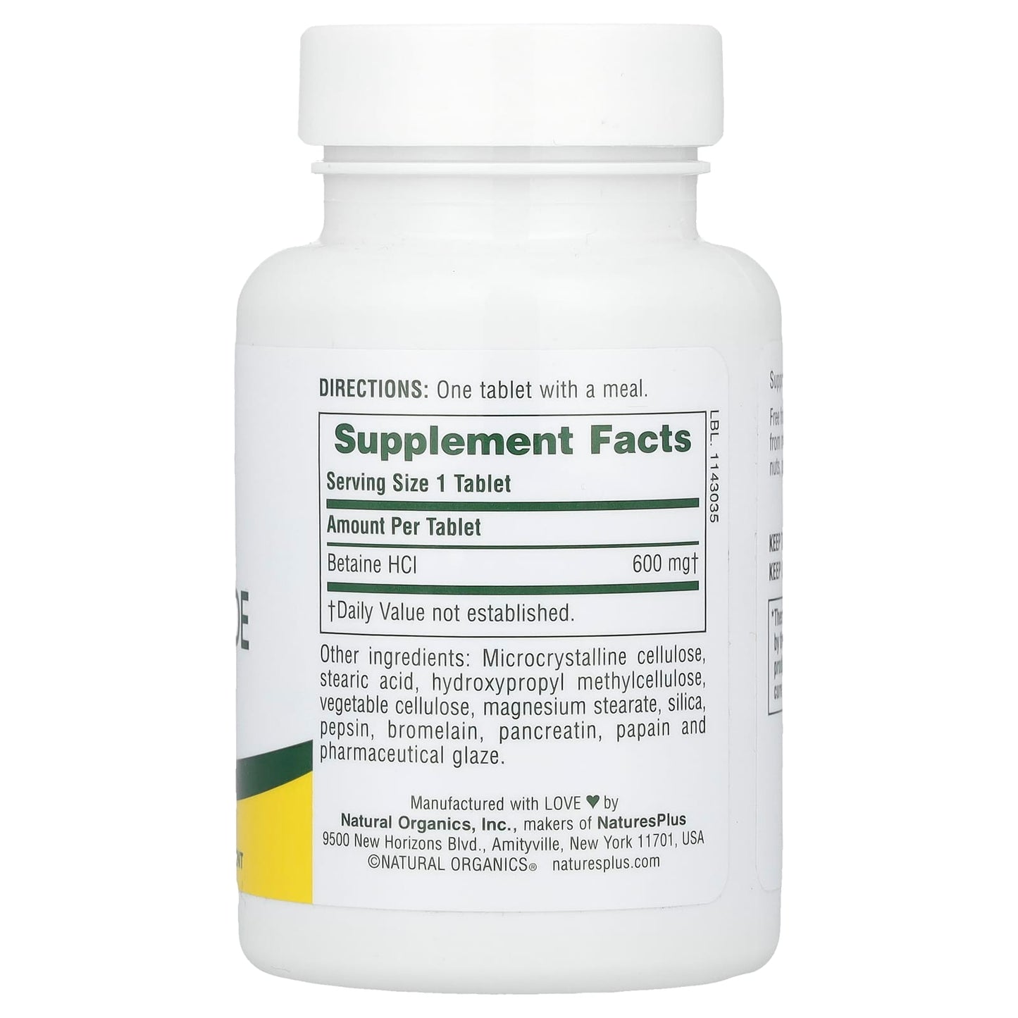Nature's Plus, Betaine Hydrochloride, 600 mg, 90 Tablets UPC 097467043701 | Hilife Vitamins
