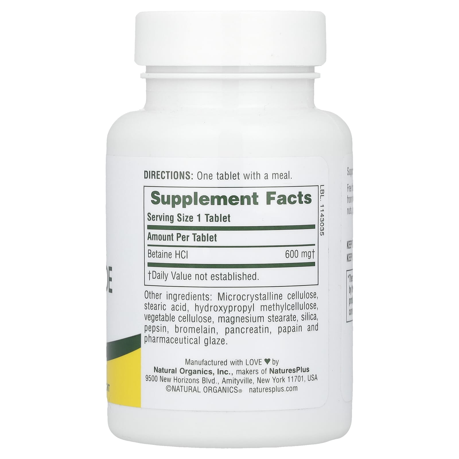 Nature's Plus, Betaine Hydrochloride, 600 mg, 90 Tablets UPC 097467043701 | Hilife Vitamins