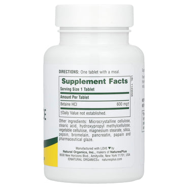 Nature's Plus, Betaine Hydrochloride, 600 mg, 90 Tablets UPC 097467043701 | Hilife Vitamins