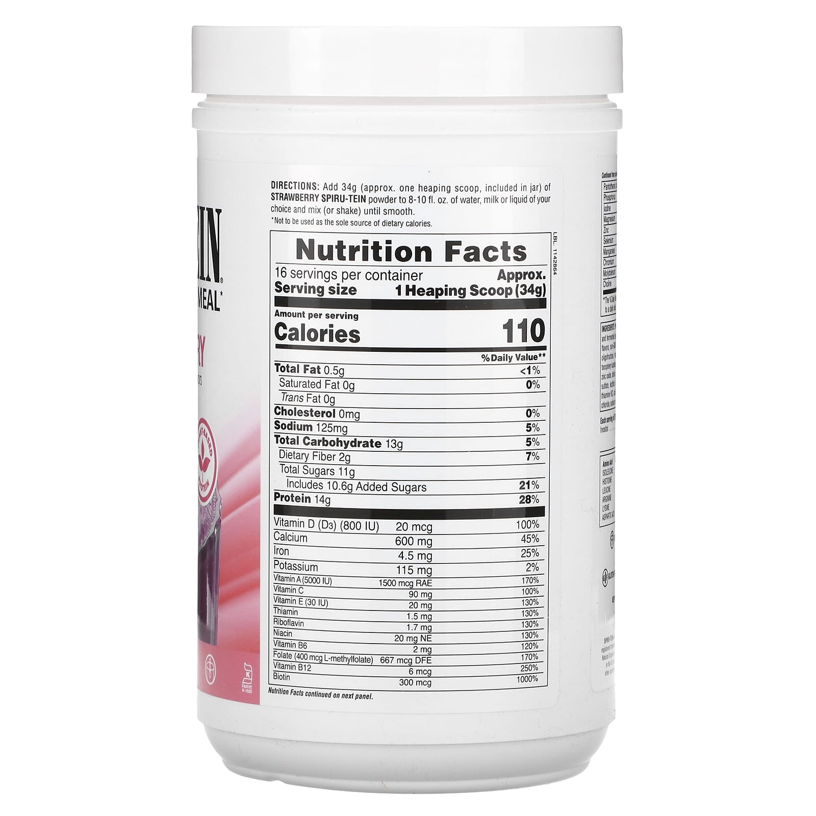 Nature's Plus, Spiru-Tein, Protein Powder Meal, Strawberry, 1.2 Lbs (544g) Powder Mix UPC 097467045736 | Hilife Vitamins