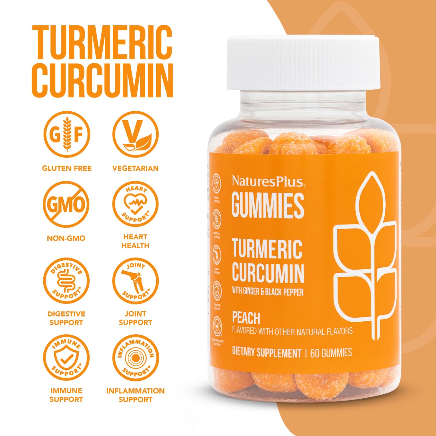 Nature’s Plus, Turmeric Curcumin With Ginger & Black Pepper, Peach, 60 Gummies UPC 097467046948 | HiLife Vitamins