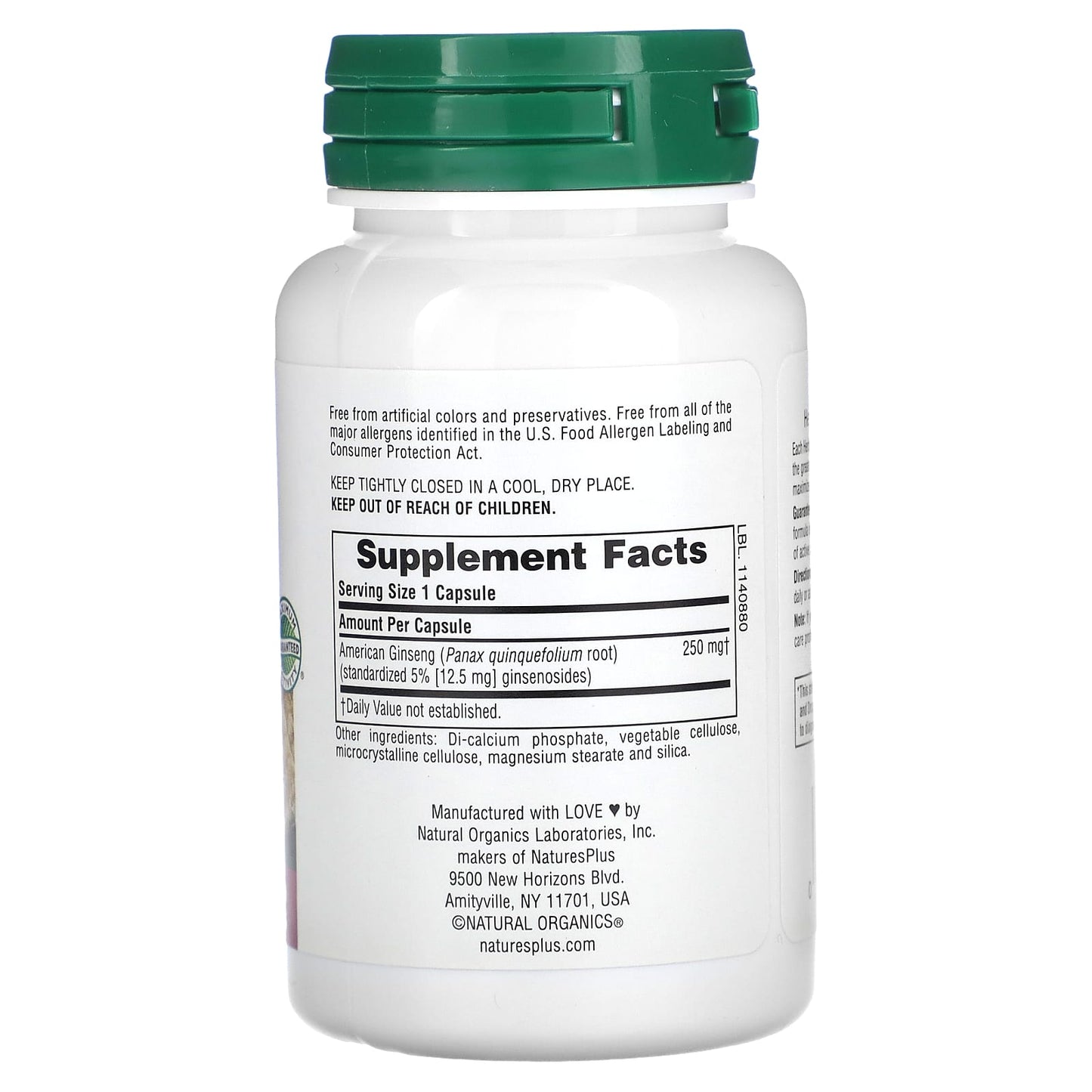 Nature's Plus, American Ginseng 250 mg, 60 Vegetarian Capsules UPC 097467071001 | Hilife Vitamins