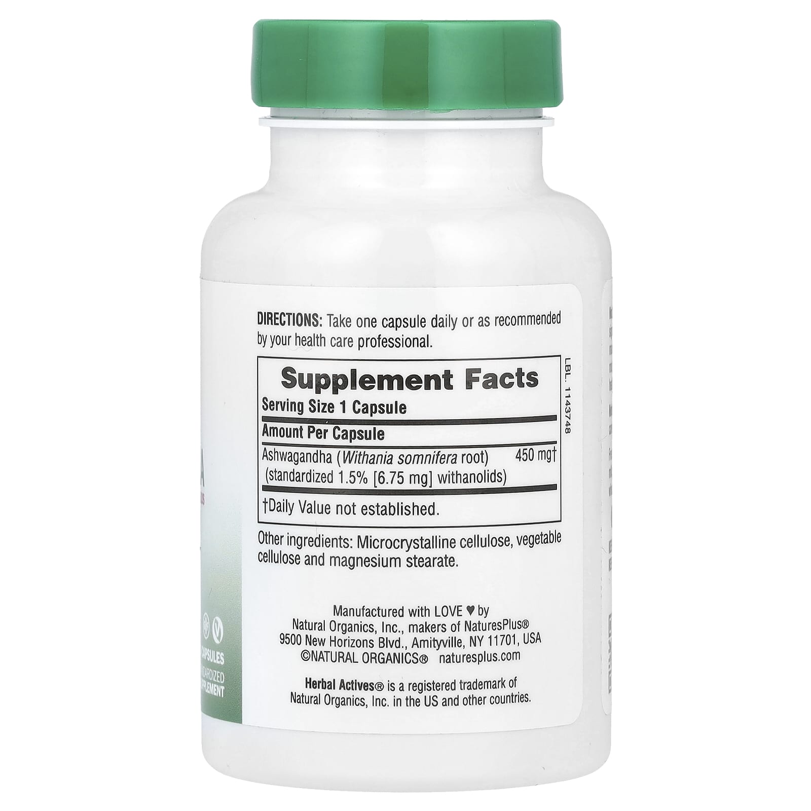 Nature's Plus, Ashwagandha 450 mg, 60 Vegetarian Capsules UPC 097467071087 | Hilife Vitamins