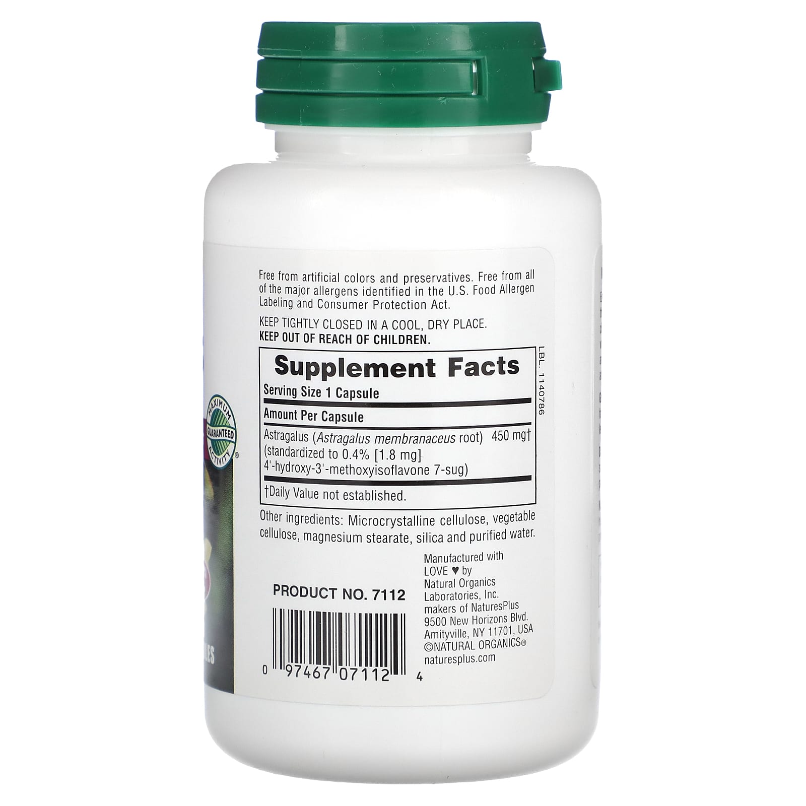 Nature's Plus, Astragalus 450 mg, 60 Vegetarian Capsules UPC 097467071124 | Hilife Vitamins