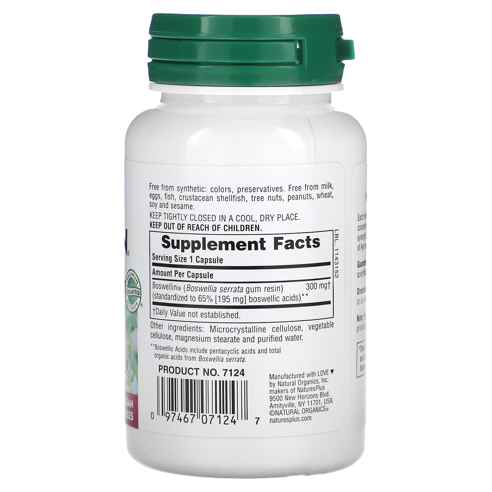 Nature's Plus, Herbal Actives, Boswellin, Extended Release, 300 mg, 60 Vegetarian Capsules UPC 097467071247 | Hilife Vitamins