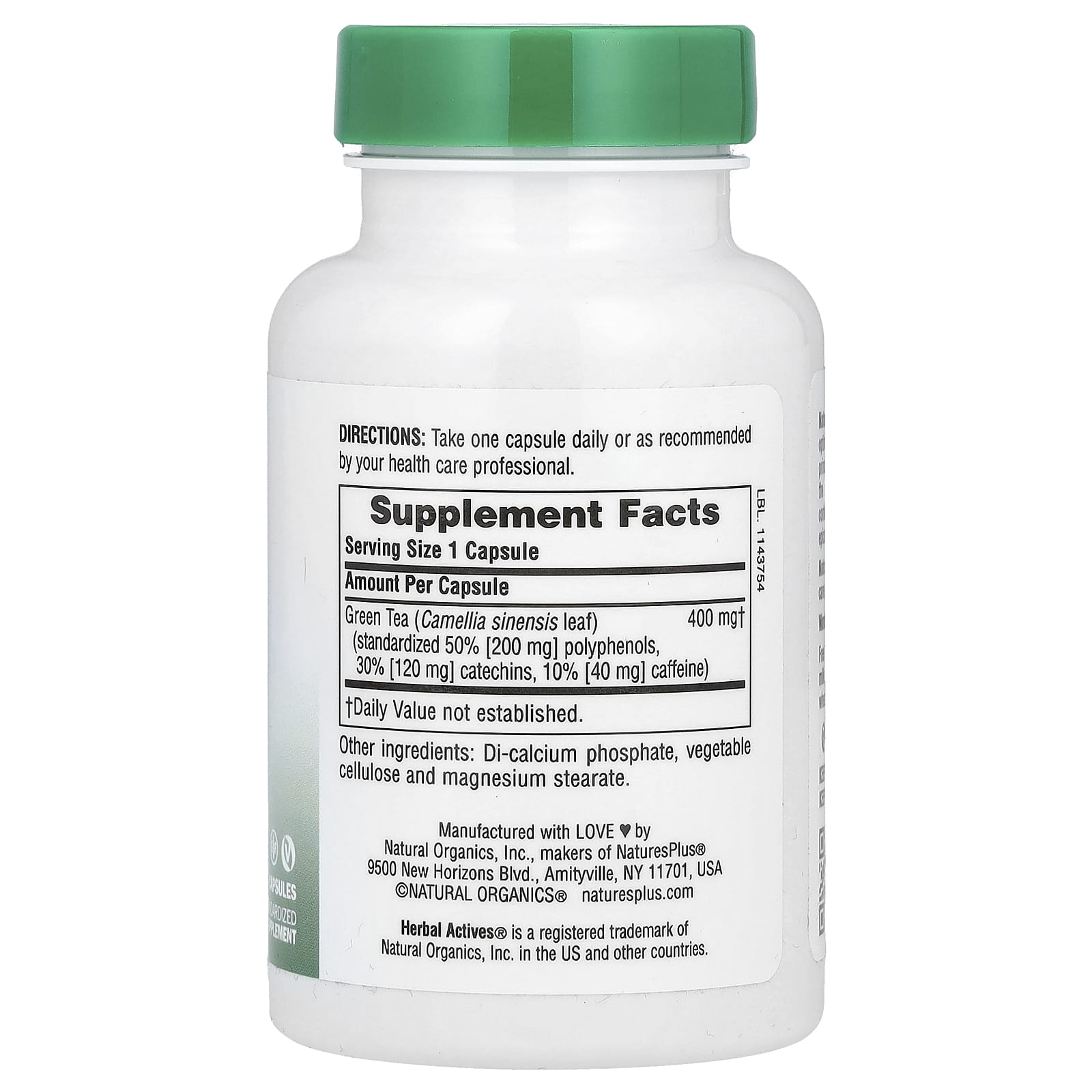 Nature's Plus, Green Tea Chinese 400 mg, 60 Vegetarian Capsules UPC 097467071889 | Hilife Vitamins