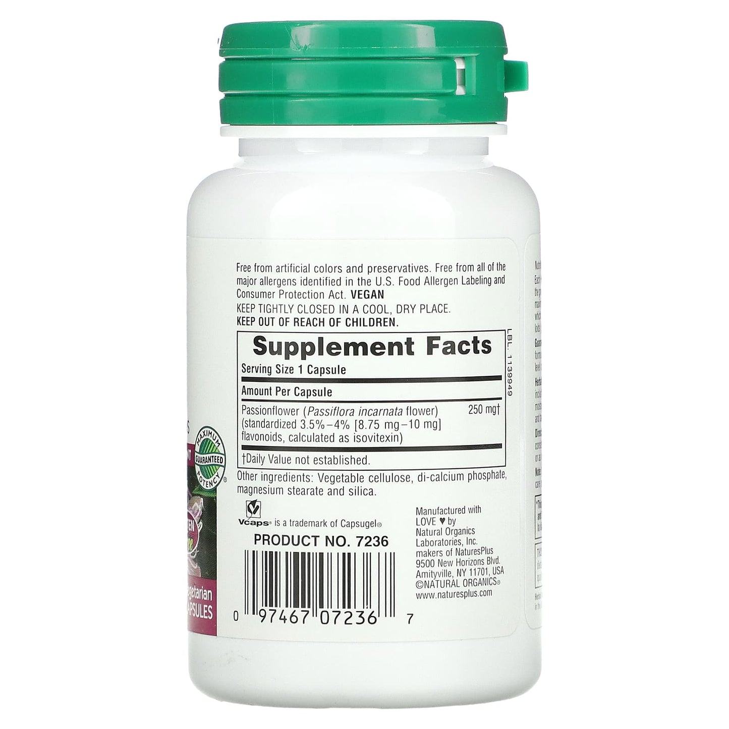 Nature's Plus, Herbal Actives, Passion Flower, 250 mg, 60 Vegetarian Capsules UPC 097467072367 | Hilife Vitamins