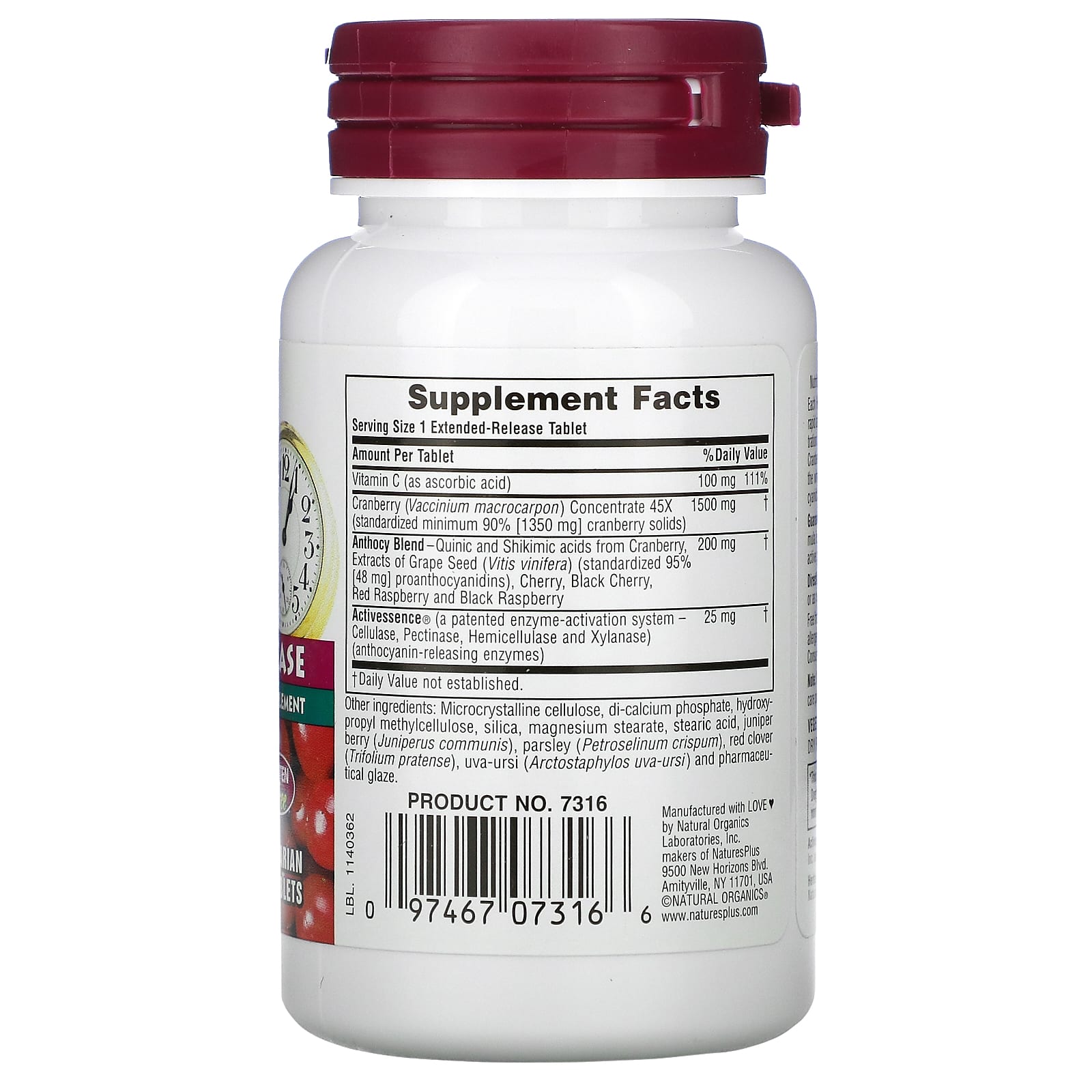 Nature's Plus, Herbal Actives, Ultra Cranberry 1500, 1,500 mcg, 30 Tablets UPC 097467073166 | Hilife Vitamins