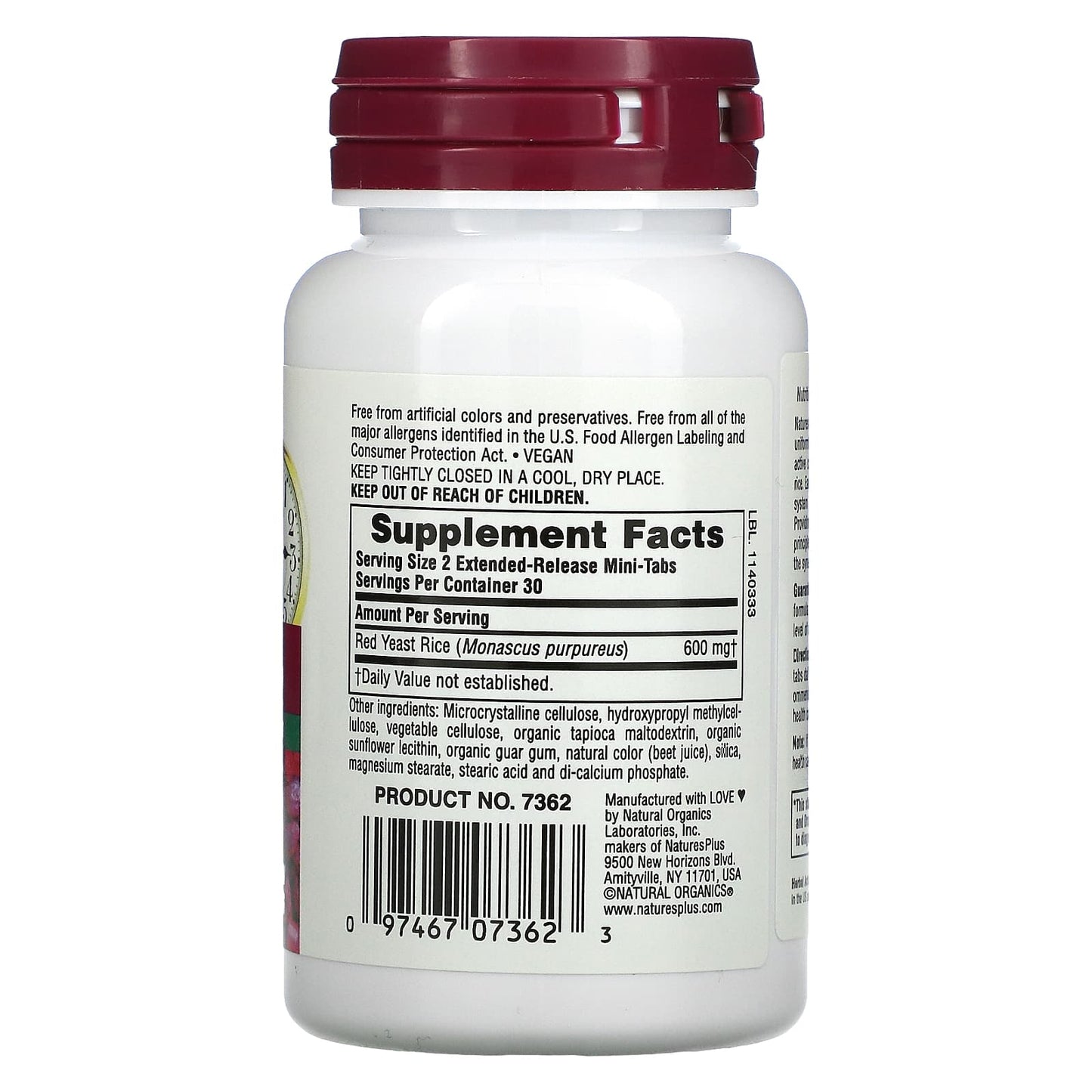 Nature's Plus, Herbal Actives, Red Yeast Rice, Extended Release, 600 mg, 60 Mini-Tabs UPC 097467073623 | Hilife Vitamins