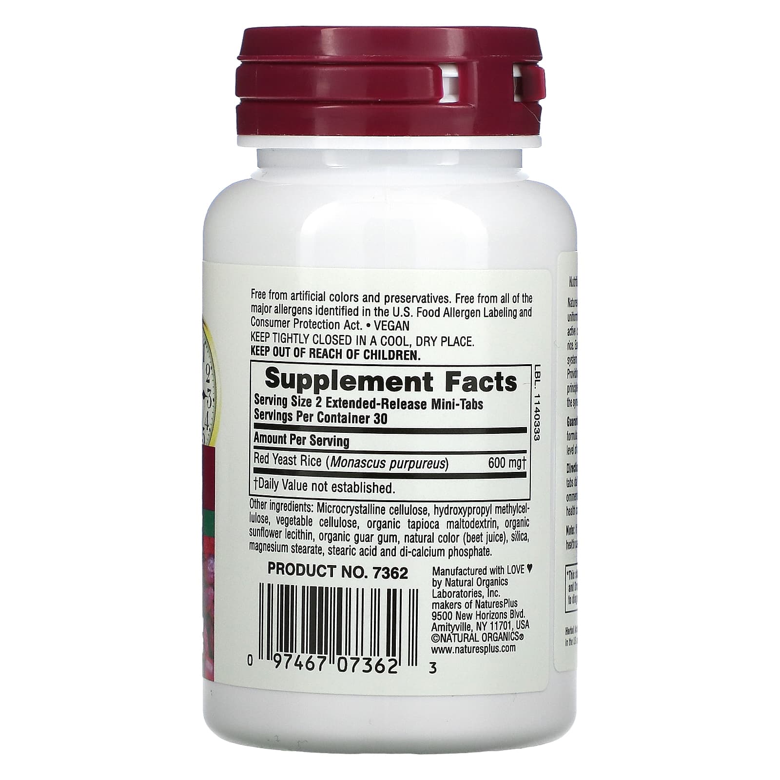 Nature's Plus, Herbal Actives, Red Yeast Rice, Extended Release, 600 mg, 60 Mini-Tabs UPC 097467073623 | Hilife Vitamins