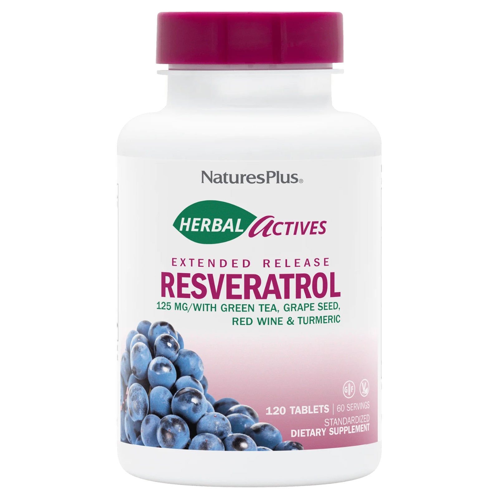 Nature's Plus, Herbal Actives, Resveratrol, Extended Release, 125 mg, 120 Tablets UPC 097467073715 | Hilife Vitamins