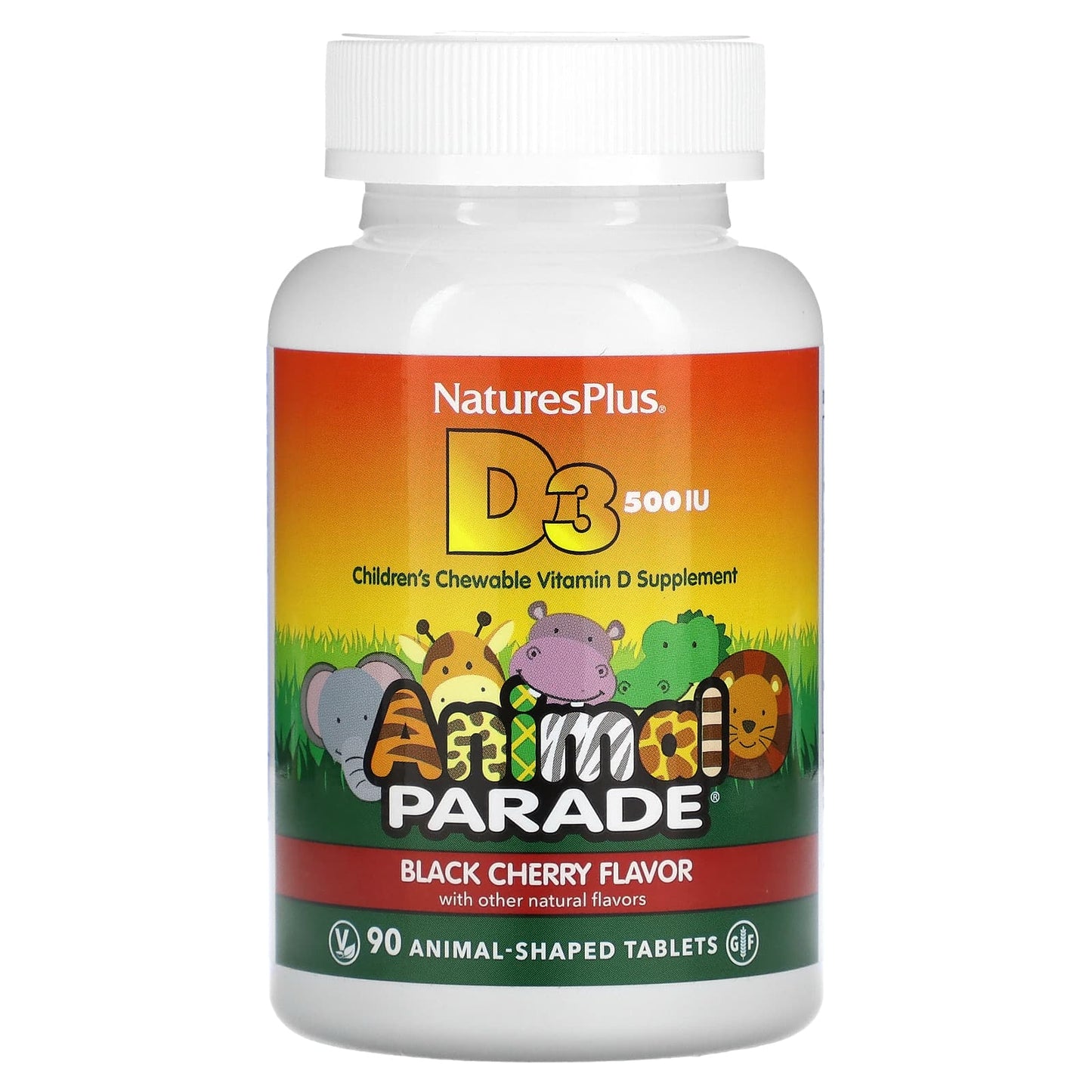 Nature's Plus, Animal Parade, Vitamin D3, Black Cherry, 500 IU, 90 Animal-Shaped Tablets UPC 097467299504 | Hilife Vitamins