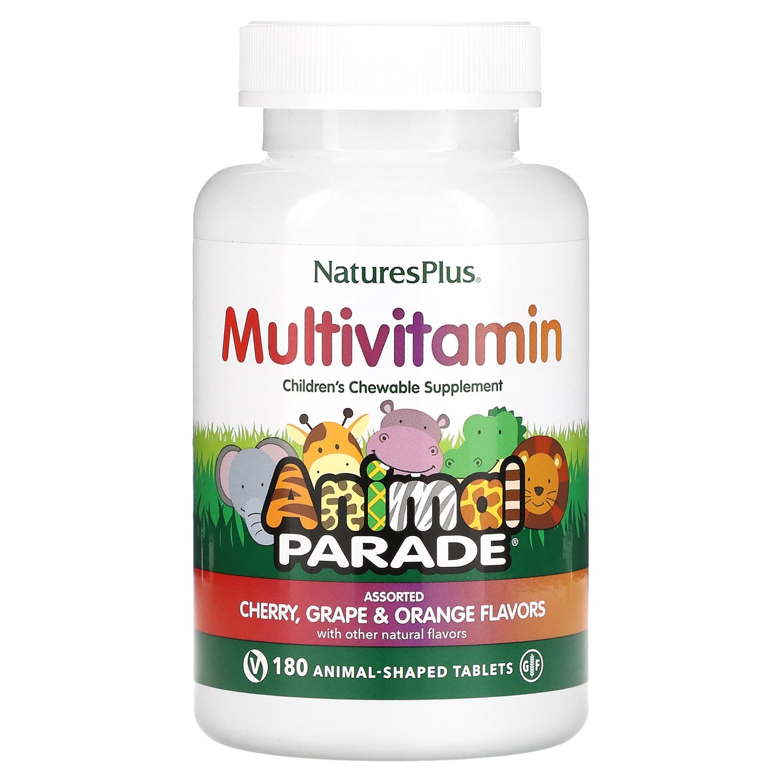 Nature's Plus, Animal Parade, Children's Chewable Supplement, Multivitamin, Cherry, Grape & Orange, 180 Animal-Shaped Tablets