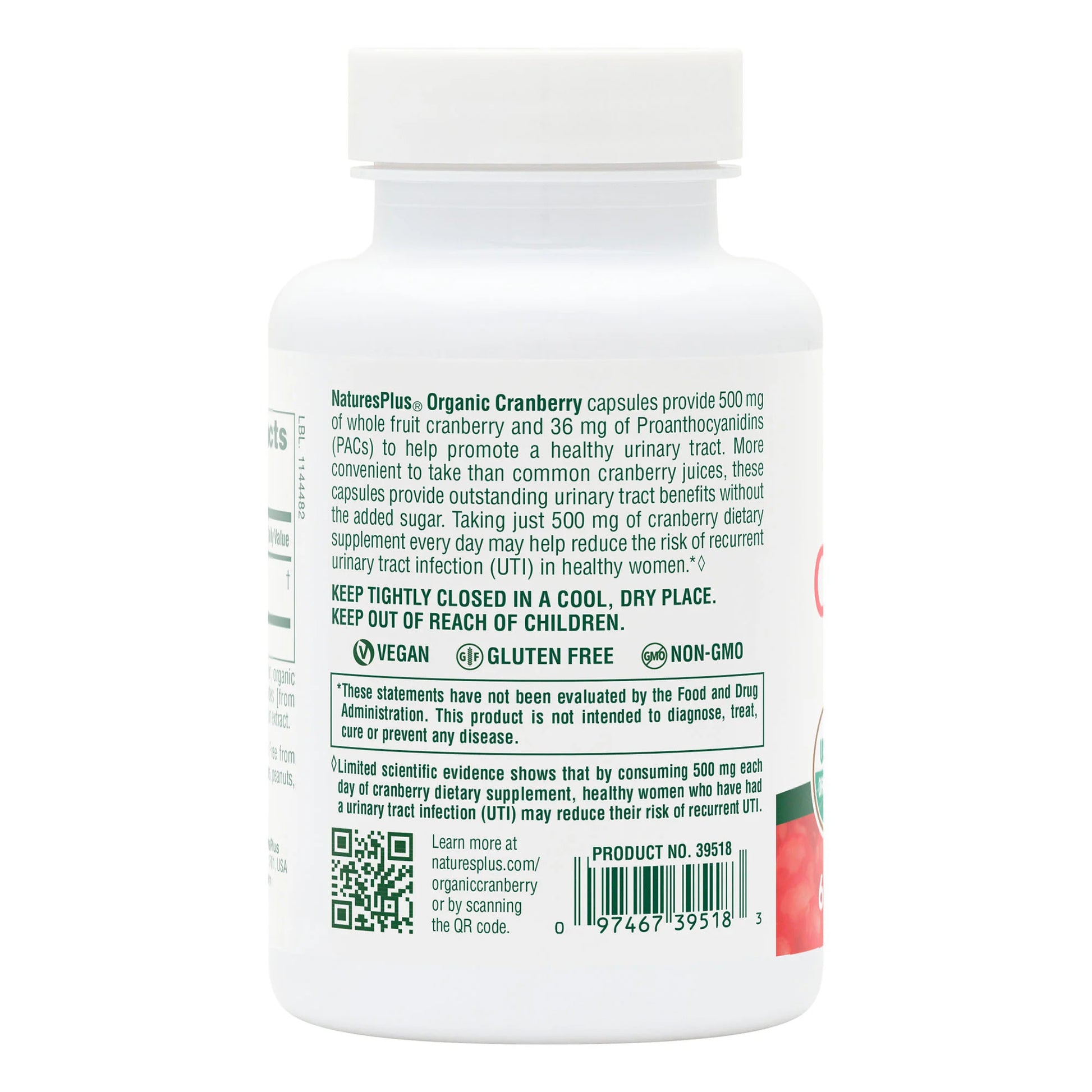 Nature's Plus, Organic Cranberry 500 mg / 36 mg PACs, 60 Capsules UPC 097467395183 | Hilife Vitamins