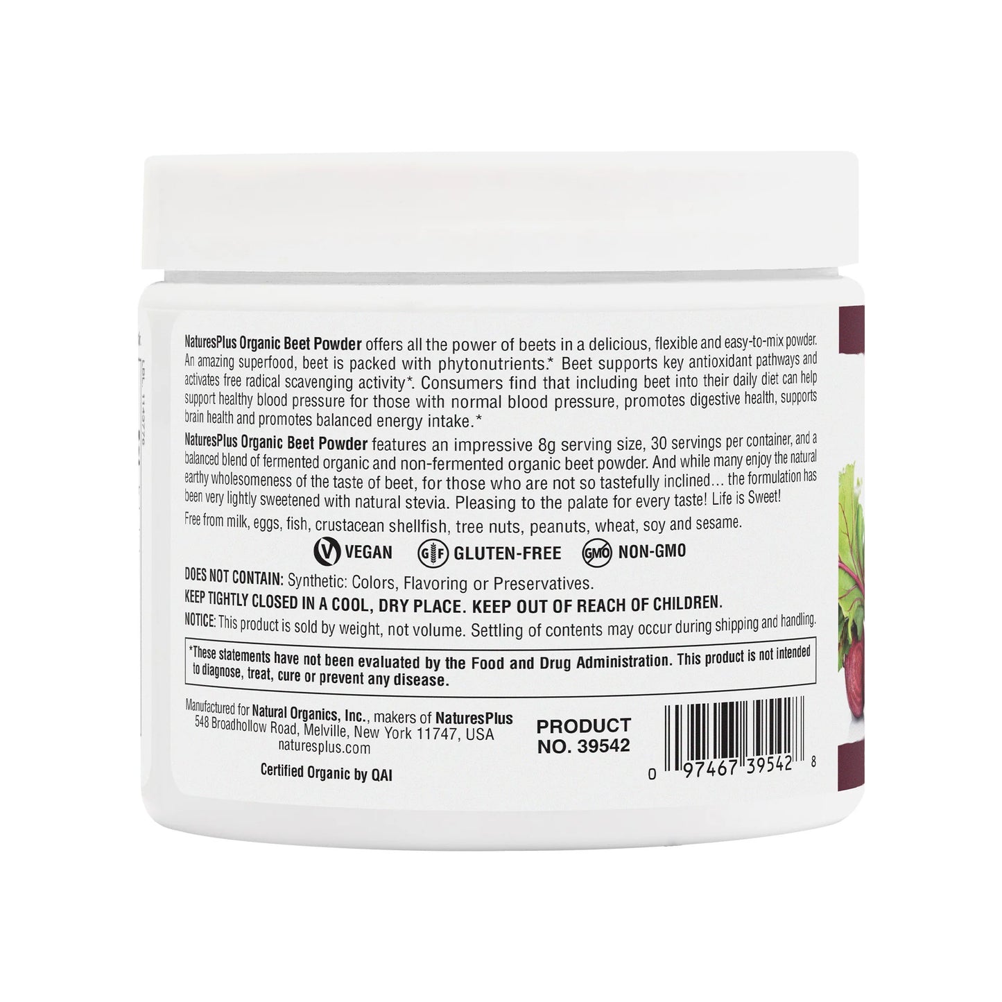 Nature's Plus, Organic Beet Powder, 0.53 lbs (240g) UPC 097467395428 | Hilife Vitamins